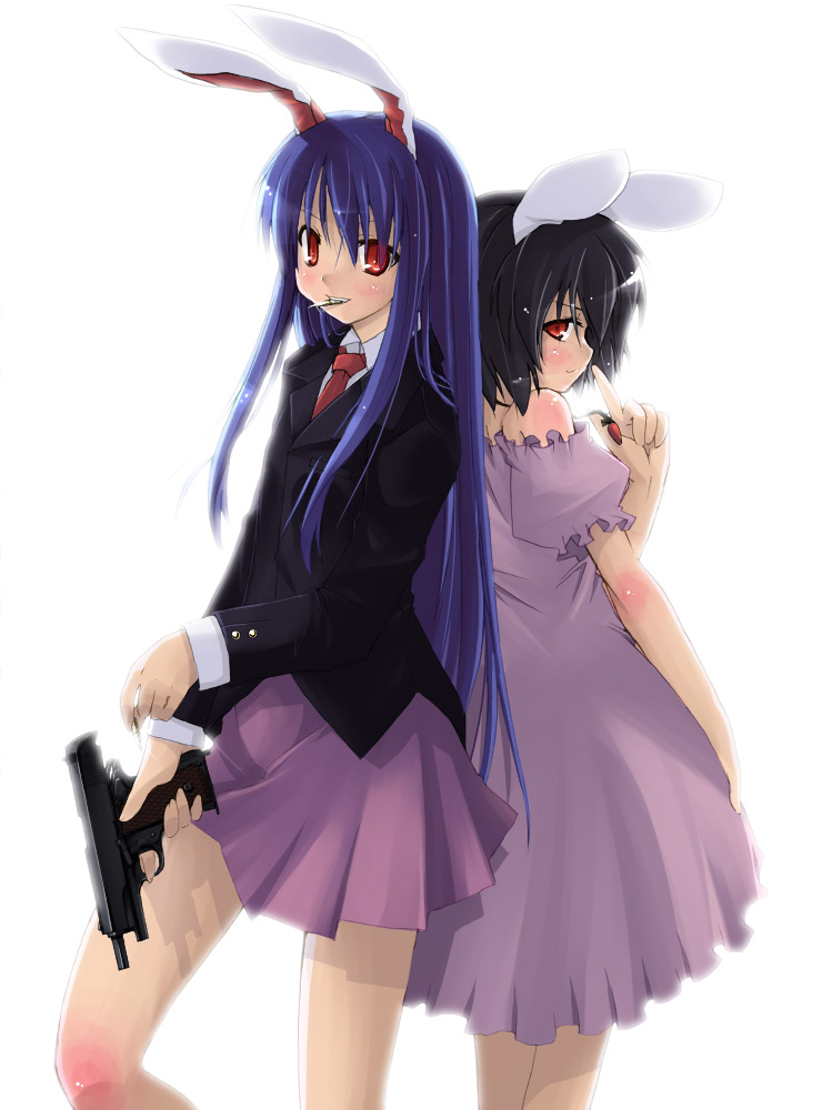 yuuki eishi, inaba tewi, reisen udongein inaba, touhou, 2girls, animal ears, black hair, blue hair, dress, female focus, game, gun, jacket, long hair, multiple girls, necktie, purple hair, rabbit ears, rabbit girl, red eyes, short hair, skirt, weapon
