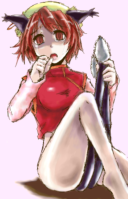 chen, touhou, 1girl, animal ears, breasts, brown eyes, brown hair, cat ears, cat girl, female focus, game, hat, nekomata, no panties, short hair, solo, tears