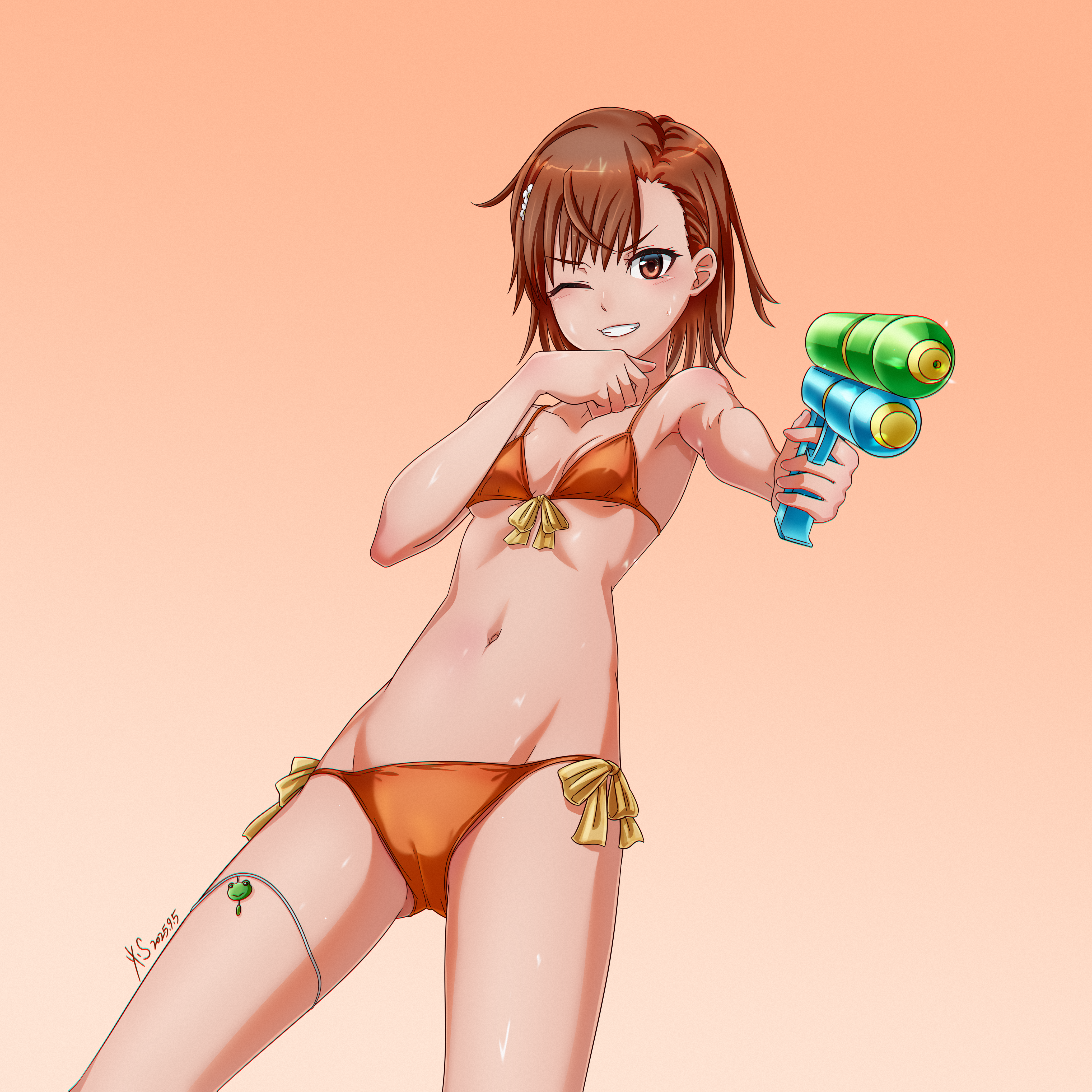 djt (user wrzg5248), gekota, misaka mikoto, toaru kagaku no railgun, toaru majutsu no index, absurdres, highres, 1girl, ;), asymmetrical bangs, bikini, breasts, brown eyes, brown hair, cameltoe, dated commentary, front-tie bikini top, front-tie top, hair ornament, hairpin, holding, holding water gun, navel, one eye closed, orange bikini, short hair, side-tie bikini bottom, simple background, small breasts, smile, solo, swimsuit, water gun, wiping face