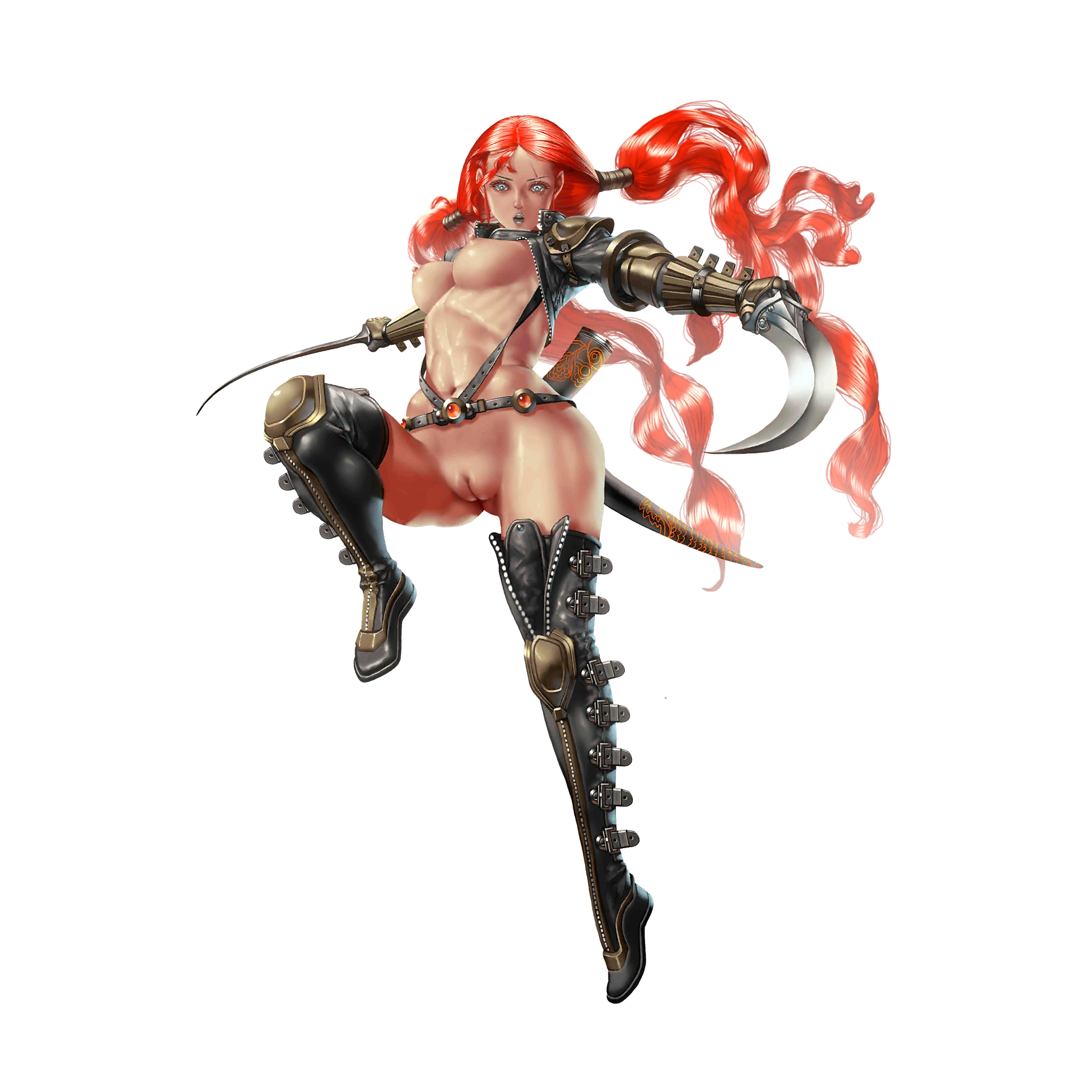 crystal maiden (series), artist request, game cg, highres, official art, variant set, 1girl, abs, armor, blue eyes, breasts, dual wielding, full body, grey lips, holding, holding sword, holding weapon, jacket, long hair, looking at viewer, nadia (crystal maidens), navel, nipples, nude, open clothes, open jacket, pussy, red hair, scar, scar on face, sheath, shoulder armor, solo, standing, standing on one leg, sword, transparent background, very long hair, weapon