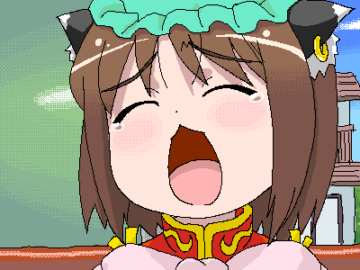 chen, touhou, lowres, 1girl, :3, animal ears, brown hair, cat ears, cat girl, female focus, game, hat, oekaki, short hair, sky, solo, tears, yawning