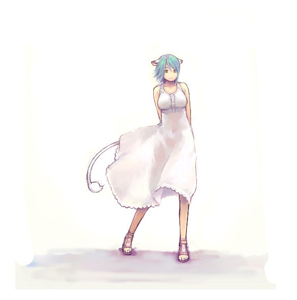 yuzuriha (active homing), 1girl, animal ears, aqua hair, arms behind back, bare legs, bare shoulders, blue hair, breasts, cow ears, cow girl, cow tail, dress, female focus, green hair, large breasts, looking at viewer, red eyes, sandals, short hair, simple background, solo, standing, sundress, tail, white background, white dress