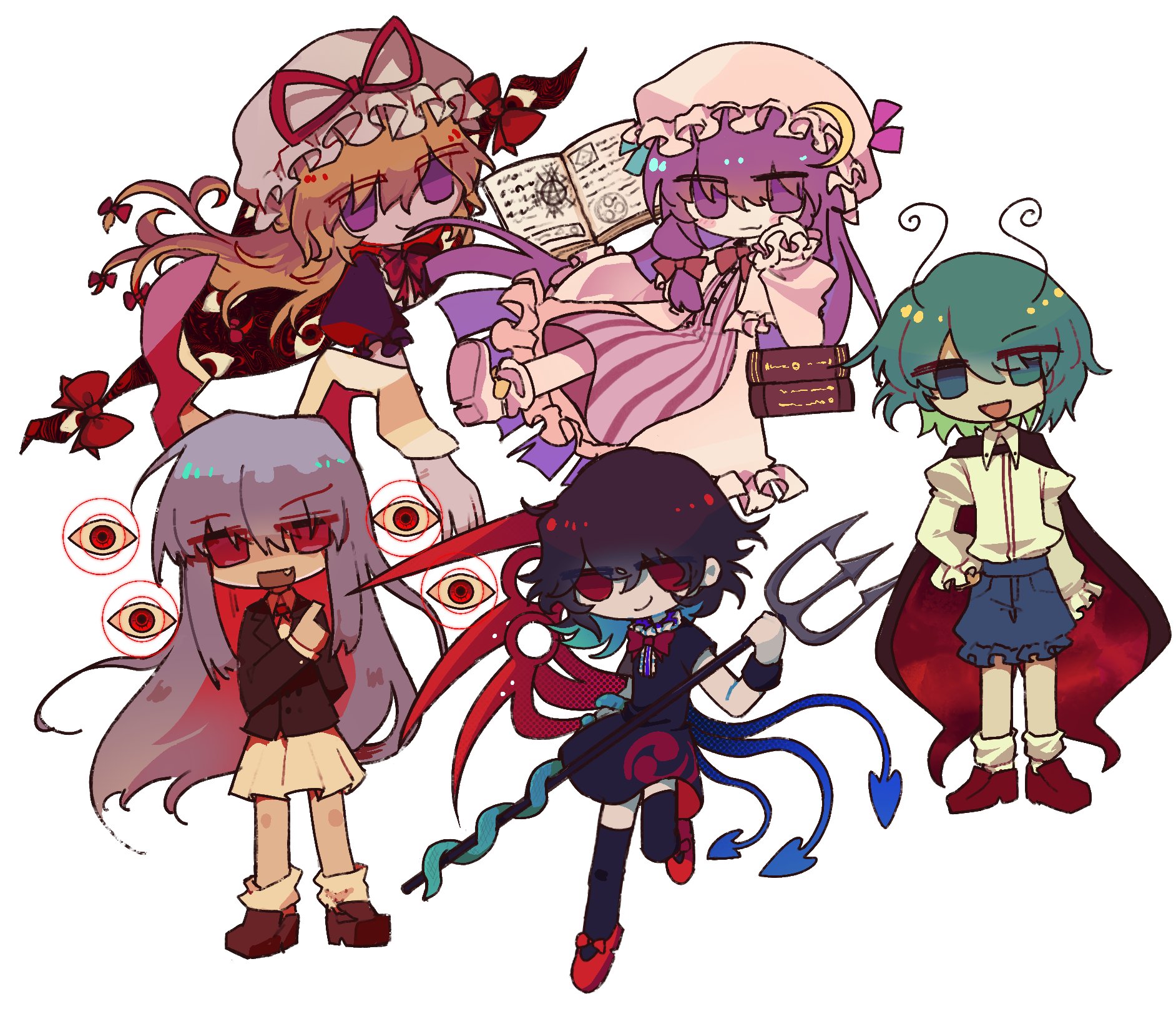 vyrasyte, houjuu nue, patchouli knowledge, reisen udongein inaba, wriggle nightbug, yakumo yukari, touhou, commentary, english commentary, highres, 5girls, animal ears, antennae, asymmetrical wings, black cape, black dress, black suit, black thighhighs, blonde hair, blue ribbon, blue shorts, book, boots, bow, bowtie, brown shoes, cape, capelet, collared shirt, crescent, crescent hat ornament, dress, fang, formal clothes, frilled shirt, frilled shorts, frills, gap (touhou), green hair, hair bow, hand on own cheek, hand on own face, hat, hat ornament, holding, holding polearm, holding weapon, jacket, leg up, long hair, mob cap, multicolored hair, multiple girls, open clothes, open jacket, open mouth, pink boots, pink hat, pink ribbon, pleated skirt, polearm, purple dress, purple eyes, purple hair, purple tabard, rabbit ears, red bow, red bowtie, red cape, red eyes, red ribbon, red sandals, red shoes, ribbon, sandals, shirt, shoes, short hair, shorts, simple background, skirt, smile, socks, standing, striped clothes, striped dress, suit, tabard, thighhighs, trident, two-sided cape, two-sided fabric, two-tone hair, vertical-striped clothes, vertical-striped dress, very long hair, weapon, white background, white capelet, white hat, white jacket, white shirt, white skirt, white socks, wings