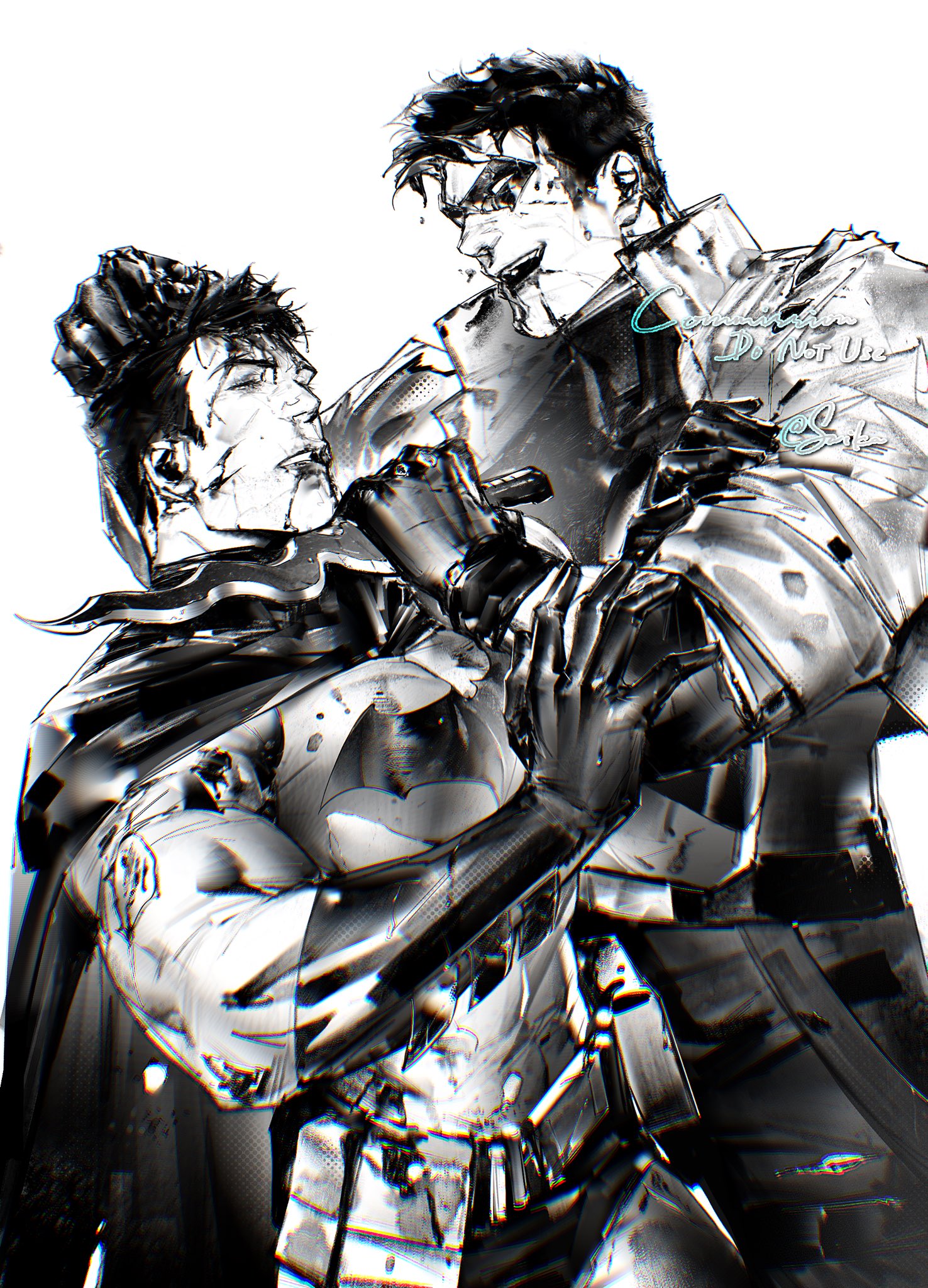 saika78649750, batman, bruce wayne, jason todd, red hood (dc), batman (series), dc comics, highres, bat signal, batman symbol, black bodysuit, black gloves, black hair, blood, bodysuit, brown jacket, cowl, domino mask, gloves, grey bodysuit, holding, holding knife, holding weapon, jacket, knife, male focus, mask, multiple boys, muscular, muscular male, open clothes, pants, reverse grip, short hair, superhero costume, taut bodysuit, two-tone bodysuit, weapon, western comics (style)