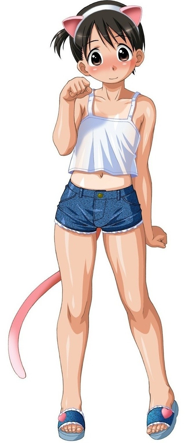 itou chika, ichigo mashimaro, highres, 1girl, animal ears, bare shoulders, blush, brown eyes, brown hair, cat ears, cat tail, child, closed mouth, collarbone, denim, denim shorts, fake animal ears, female focus, fingernails, full body, heart, looking at viewer, midriff, navel, one-piece tan, paw pose, ponytail, sandals, shiny skin, shoes, short hair, shorts, simple background, singlet, slippers, smile, solo, tail, tan, tanline, toenails, toes, white background