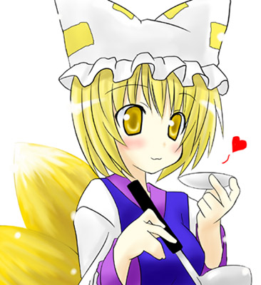 yakumo ran, touhou, lowres, 1girl, :3, animal ears, blonde hair, blush, female focus, fox, fox ears, fox tail, game, multiple tails, short hair, simple background, solo, tail, upper body, white background, yellow eyes