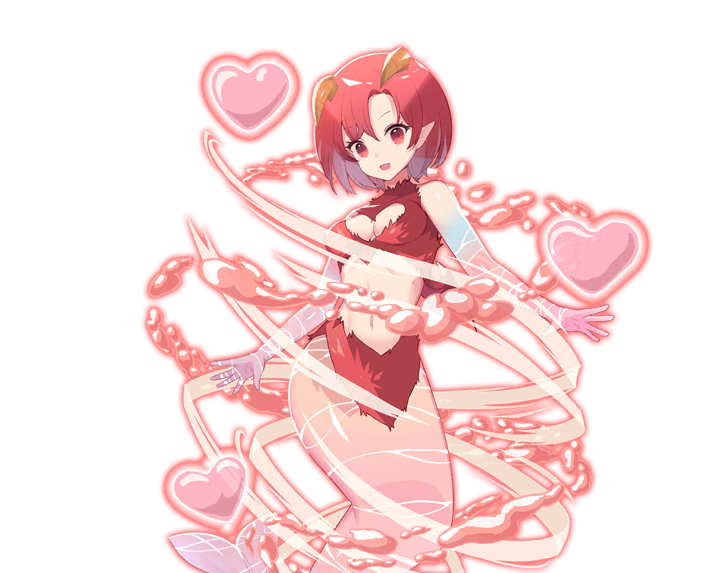 undine (monster farm), line: monster farm, monster farm, official art, fur bikini, heart, horns, mermaid, monster girl, pink hair, red eyes, rose hip (monster farm), transparent body