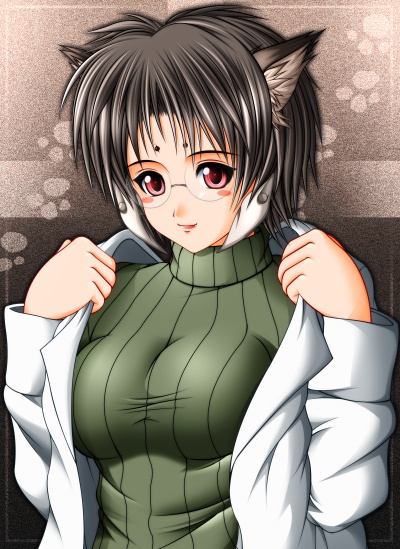 shader, chrno crusade, animal ears, black hair, cat ears, demon, glasses, lab coat, red eyes, sheda, short hair