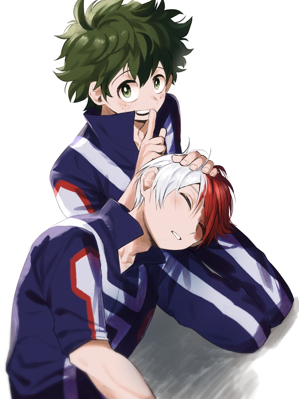 midoriya izuku, todoroki shoto, boku no hero academia, freckles, green hair, kotanene, looking at viewer, lying on lap, red hair, scar, sleeping, sportswear, tododeku, white hair, yaoi