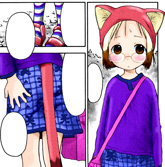 matsuri, sakuragi matsuri, ichigo mashimaro, striped, animal ears, black hair, blonde hair, brown eyes, brown hair, cat ears, child, comic, glasses, nekohat, skirt