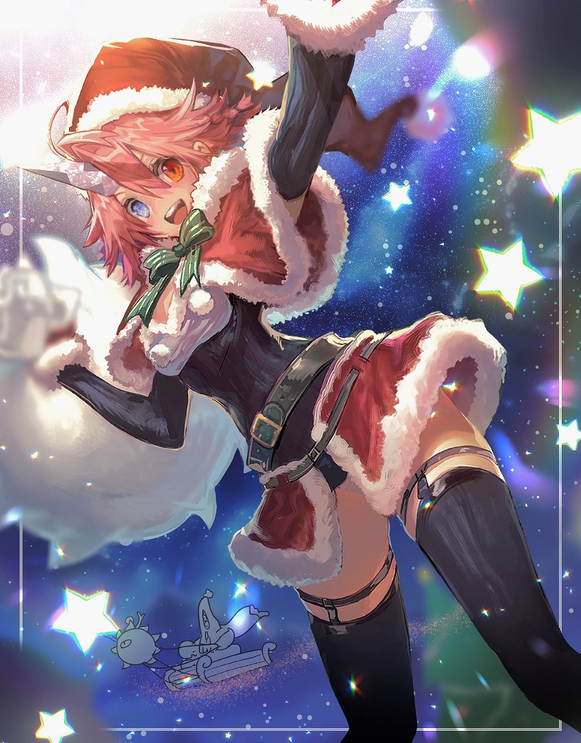narita imomushi, commentary, 1boy, 1girl, antlers, belt, belt buckle, black leotard, black sleeves, black thighhighs, blue eyes, bow, bowtie, braid, breasts, buckle, capelet, chibi, chibi inset, christmas, christmas tree, creature, crystal horns, detached sleeves, dutch angle, fake antlers, flying, fur-trimmed capelet, fur-trimmed leotard, fur-trimmed skirt, fur-trimmed sleeves, fur trim, green belt, green bow, green bowtie, hair between eyes, hand up, hat, heterochromia, holding, holding sack, hood, horns, killing me/killing you, legwear garter, leotard, looking at viewer, medium breasts, medium hair, miniskirt, mithia (killing me/killing you), night, night sky, one-eyed, open mouth, orange eyes, pink hair, pom pom (clothes), red capelet, red hat, red skirt, reindeer antlers, sack, santa hat, showgirl skirt, single horn, skirt, sky, sleigh, smile, solo focus, standing, star (sky), star (symbol), starry sky, teeth, thighhighs, upper teeth only, yaboyou, youthanasia (killing me/killing you), zettai ryouiki