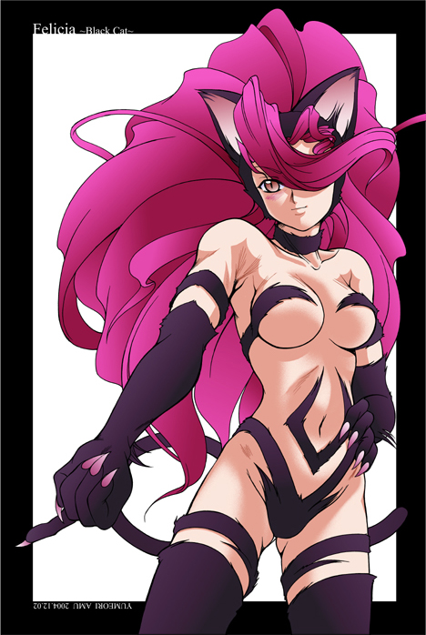felicia (darkstalkers), capcom, darkstalkers, alternate color, animal ears, cat ears, dark felicia, game, long hair, pink hair, red eyes, red hair