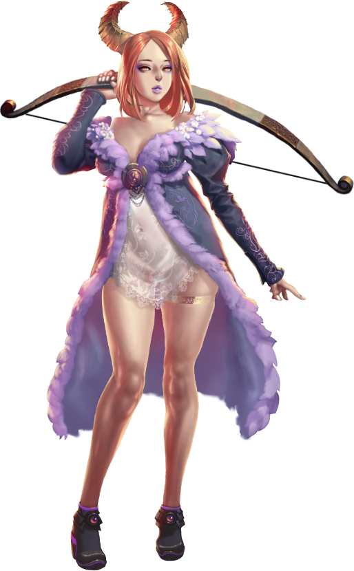 crystal maiden (series), artist request, game cg, official art, variant set, 1girl, arm up, bare legs, bow (weapon), breasts, covered navel, demon horns, floral print, full body, fur trim, holding, holding bow (weapon), holding weapon, horns, long sleeves, ophelia (crystal maidens), orange eyes, orange hair, purple lips, see-through clothes, short hair, solo, thigh strap, transparent background, weapon