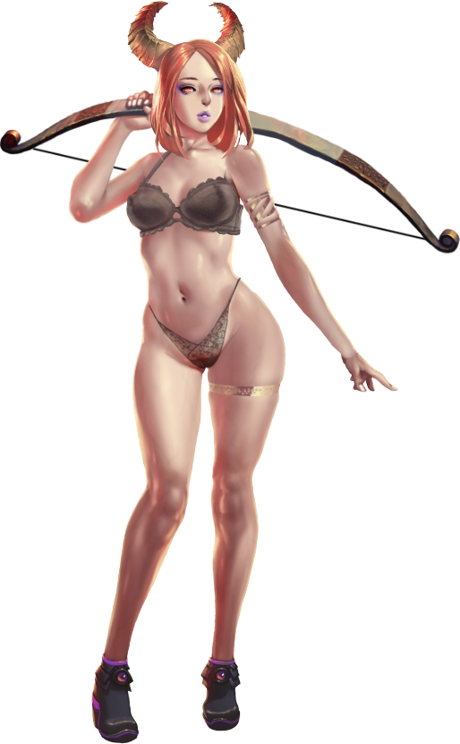 crystal maiden (series), covered pussy, artist request, game cg, official art, variant set, 1girl, arm up, bare arms, bare legs, bare shoulders, black bra, bow (weapon), bra, breasts, covered navel, demon horns, floral print, full body, fur trim, groin, holding, holding bow (weapon), holding weapon, horns, long sleeves, navel, ophelia (crystal maidens), orange eyes, orange hair, panties, purple lips, see-through clothes, see-through panties, short hair, solo, thigh strap, transparent background, underwear, weapon