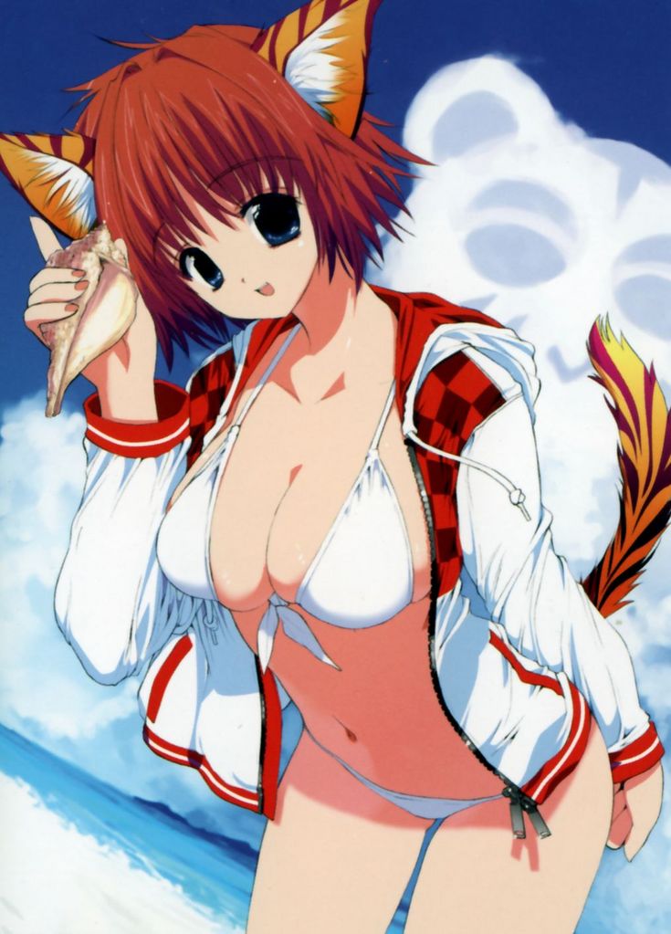 relict2, animal ears, bikini, blue eyes, brown hair, cat ears, panties, red hair, short hair, side-tie panties, swimsuit, tiger ears, tiger girl, underwear
