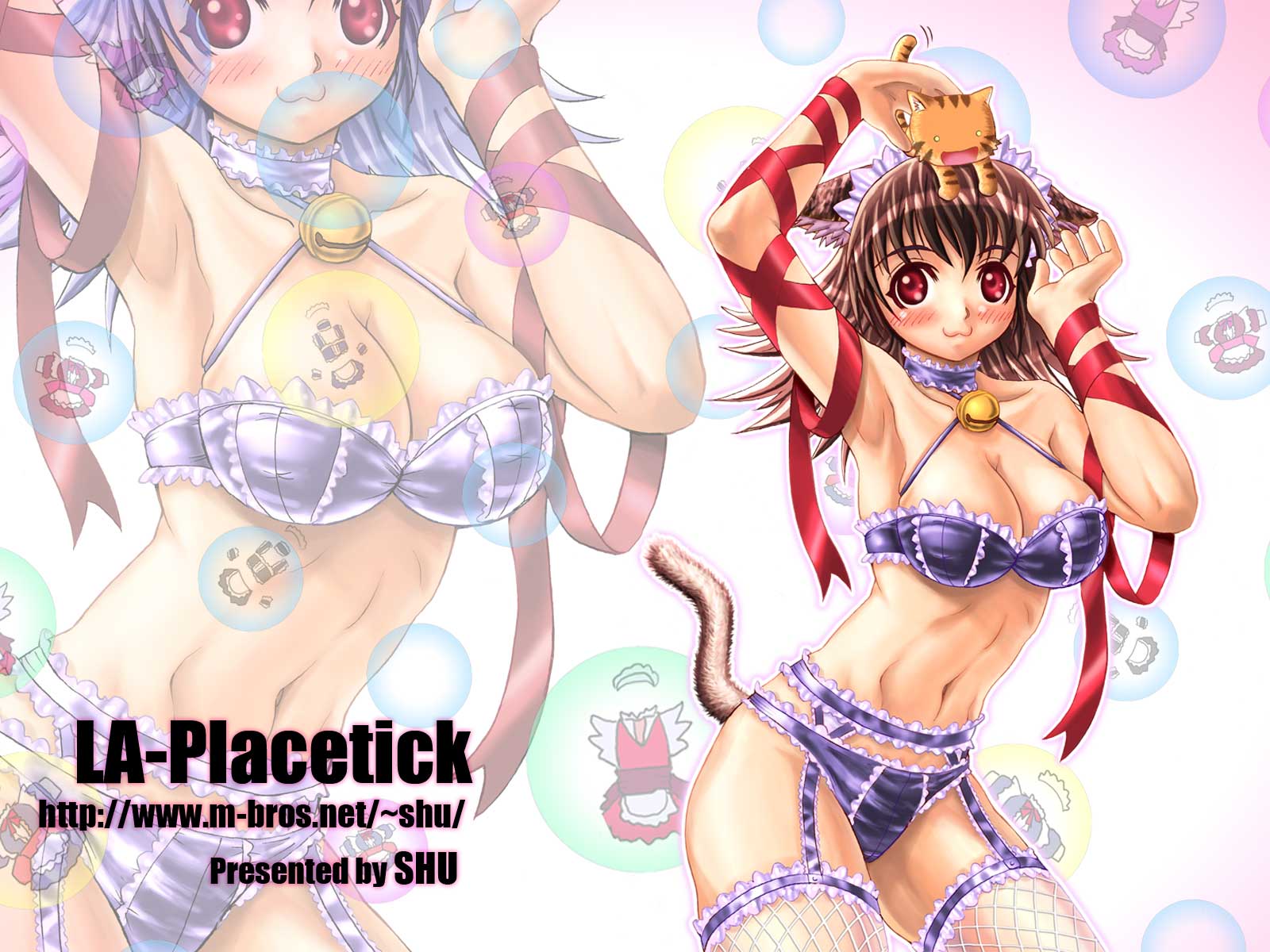shu (la-placetick), highres, 1girl, :3, animal ears, bell, blush, bra, breasts, brown hair, cat, cat ears, cat tail, collar, female focus, fishnets, frills, garter belt, garter straps, halterneck, happy, lacy, large breasts, lingerie, looking at viewer, maid, no panties, panties, red eyes, ribbon, solo, tail, thighhighs, underwear, underwear only, zoom layer
