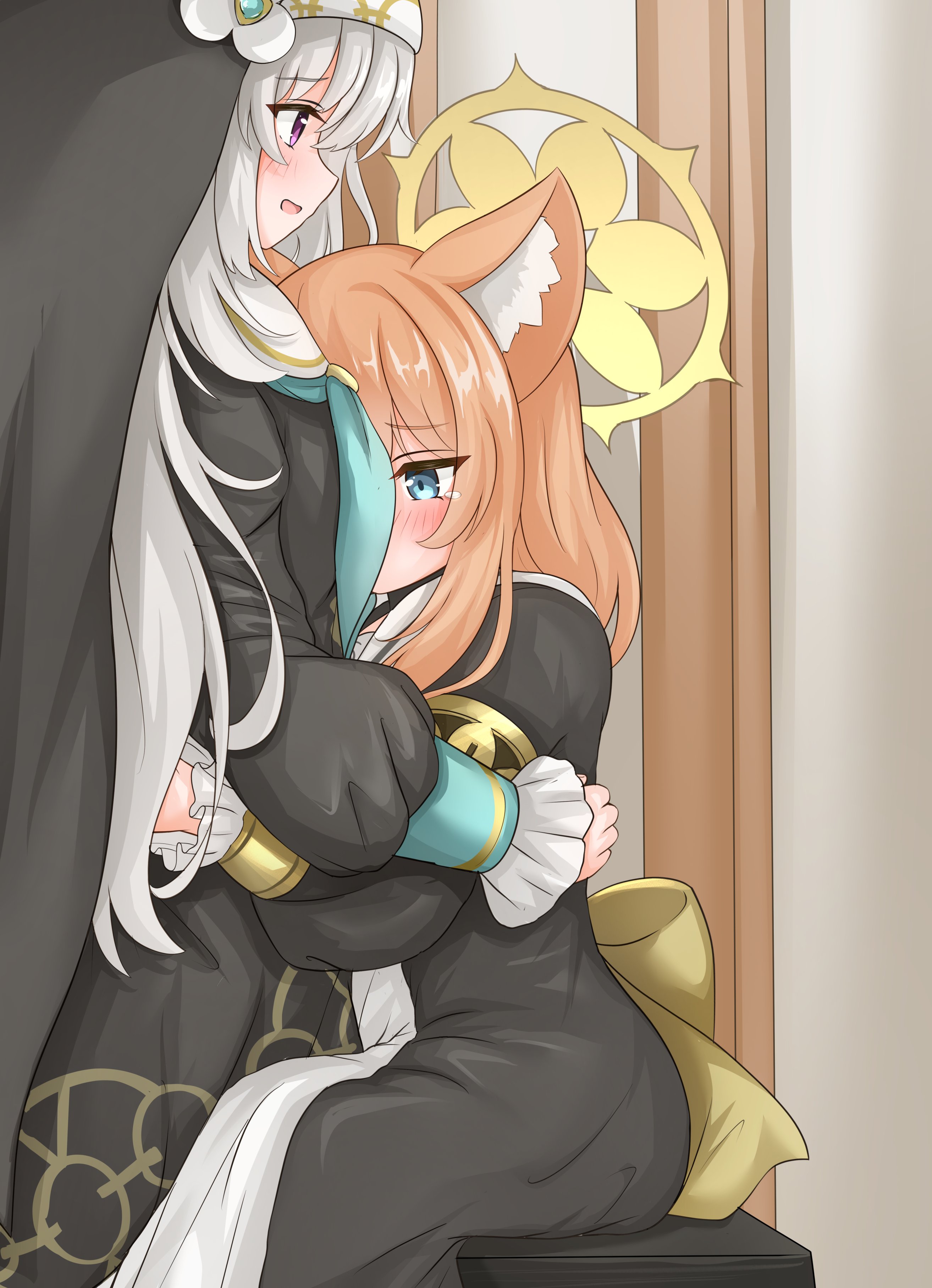 hjhtp, mari (blue archive), sakurako (blue archive), blue archive, absurdres, commentary request, highres, 2girls, animal ear fluff, animal ears, blue eyes, blush, cat ears, frilled sleeves, frills, grey hair, halo, hug, indoors, long hair, long sleeves, multiple girls, nun, open mouth, orange hair, puffy long sleeves, puffy sleeves, purple eyes, sitting, tearing up, yellow halo, yuri