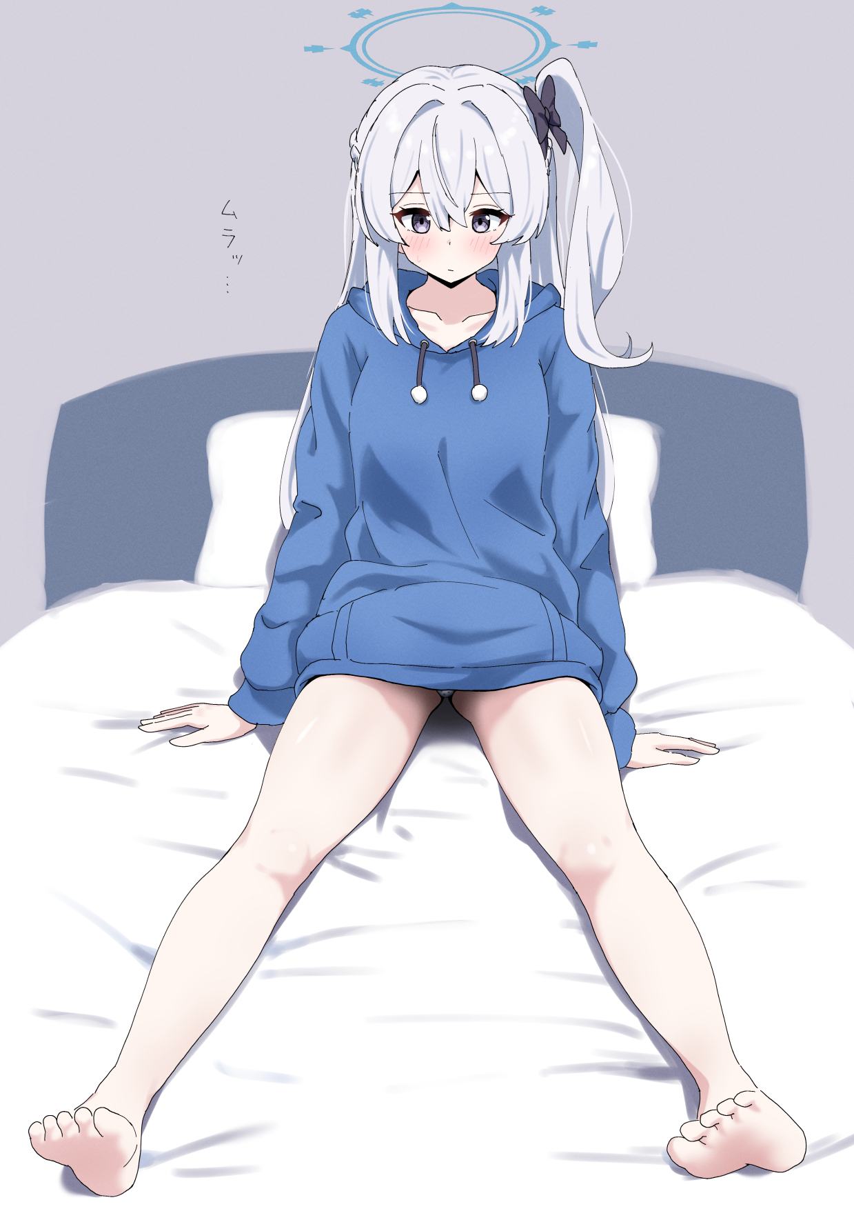 unamaso, miyako (blue archive), miyako (young) (blue archive), blue archive, highres, blush, hair ribbon, hood, hoodie, legs apart, long hair, outstretched legs, panties, polka dot, polka dot panties, ribbon, side ponytail, sitting, thighs, underwear, white hair, white panties