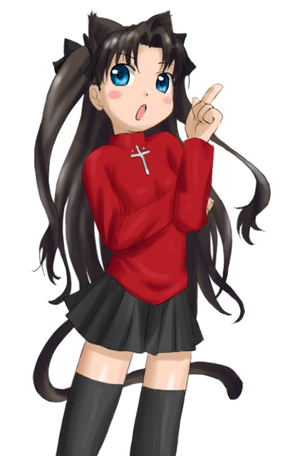 nagian, tohsaka rin, fate/stay night, fate (series), 00s, 1girl, animal ears, black hair, black thighhighs, blue eyes, blush, cat ears, cat tail, female focus, long hair, rojiura yoroz-tei, skirt, solo, tail, thighhighs, two side up, zettai ryouiki