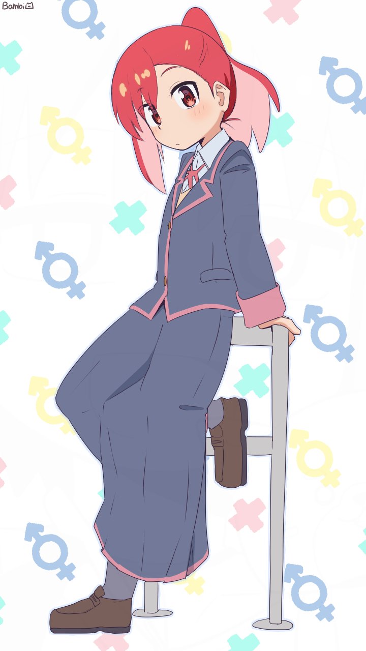 bambi2000line, seto shouko, onii-chan wa oshimai!, ruri no houseki, commentary, highres, 1girl, artist name, black jacket, black skirt, brown shoes, colored inner hair, cosplay, full body, jacket, light blush, loafers, long skirt, long sleeves, looking at viewer, male-female symbol, multicolored hair, neck ribbon, pink hair, pleated skirt, ponytail, red eyes, red hair, red ribbon, ribbon, school uniform, shirt, shoes, simple background, skirt, solo, two-tone hair, white background, white shirt