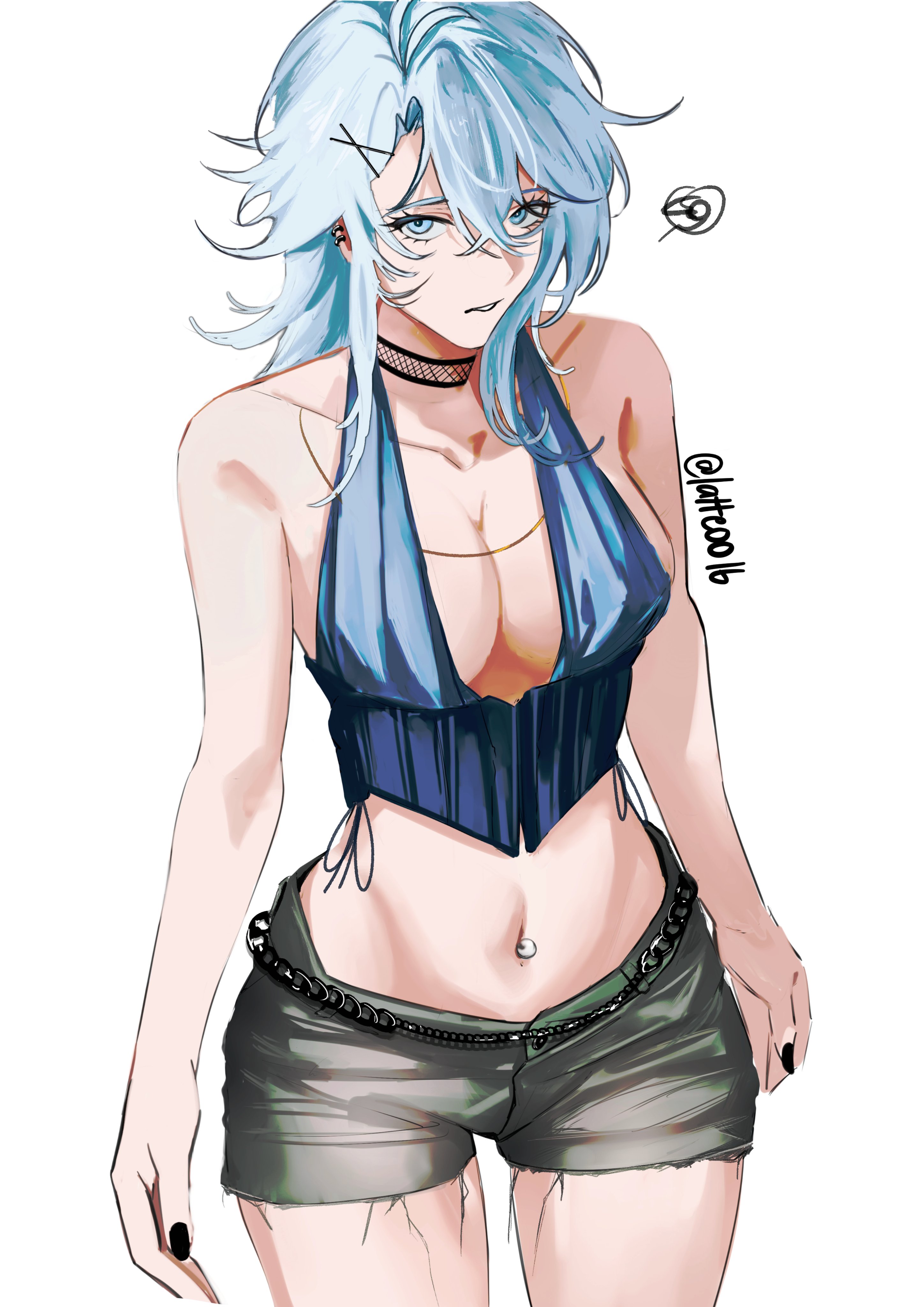 phainon (honkai: star rail), honkai: star rail, honkai (series), absurdres, commentary, highres, 1girl, black nails, black shorts, blue eyes, blue hair, breasts, cleavage, crop top, earrings, genderswap, genderswap (mtf), jewelry, latteoo16, long hair, midriff, navel, navel piercing, piercing, short shorts, shorts, simple background, solo, thighs, twintails, white background