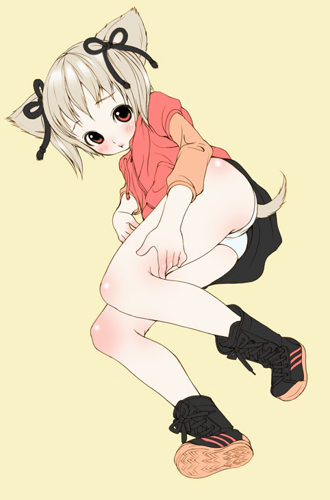 inuburo, copyright request, animal ears, blush, boots, bow, brown hair, dog ears, loli, panties, ribbon, short hair, skirt, solo, tail, underwear