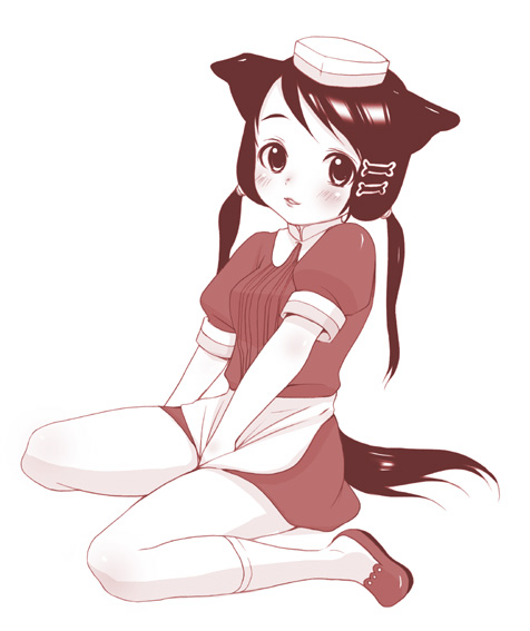 inuburo, copyright request, animal ears, dog ears, dog tail, full body, hat, kneehighs, long hair, monochrome, red theme, simple background, sitting, skirt, skirt tug, socks, solo, tail, twintails, waitress, white background