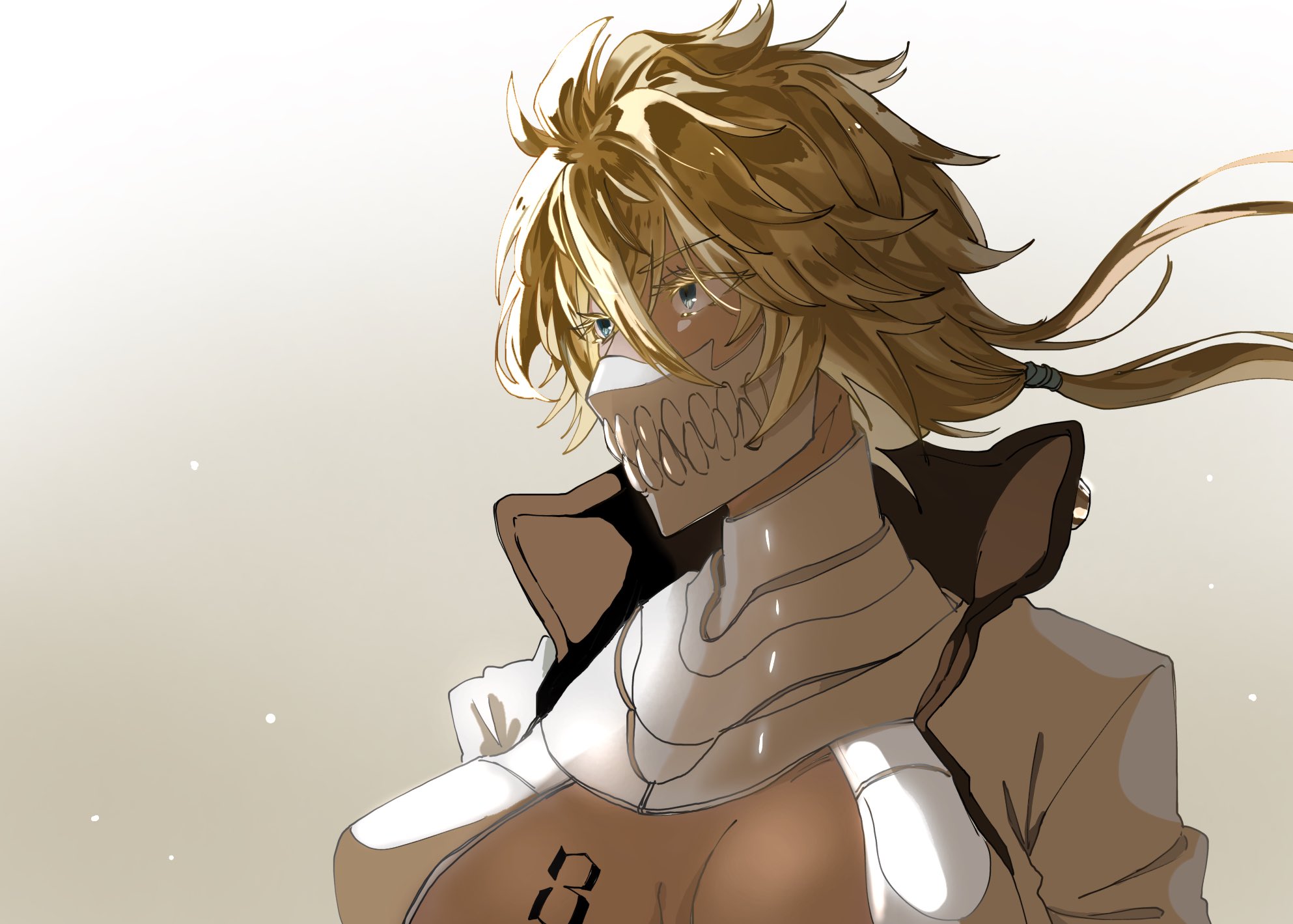 nil note0, tier harribel, bleach, commentary request, highres, 1girl, blonde hair, breasts, colored eyelashes, dark-skinned female, dark skin, expressionless, eyelashes, green eyes, grey background, hair between eyes, large breasts, long hair, looking ahead, mask, open clothes, open shirt, shirt, sidelighting, simple background, solo, spiked hair, tsurime, upper body, white shirt