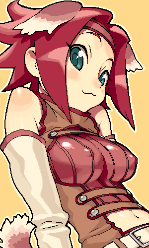 hijiri rei, kouzuki kallen, code geass, lowres, 00s, 1girl, :3, animal ears, bare shoulders, blue eyes, blush, breasts, covered erect nipples, detached sleeves, dog ears, female focus, gloves, green eyes, headband, karen kouzaki, looking at viewer, medium breasts, navel, outline, red hair, short hair, simple background, sleeveless, sleeveless turtleneck, solo, tail, turtleneck, yellow background