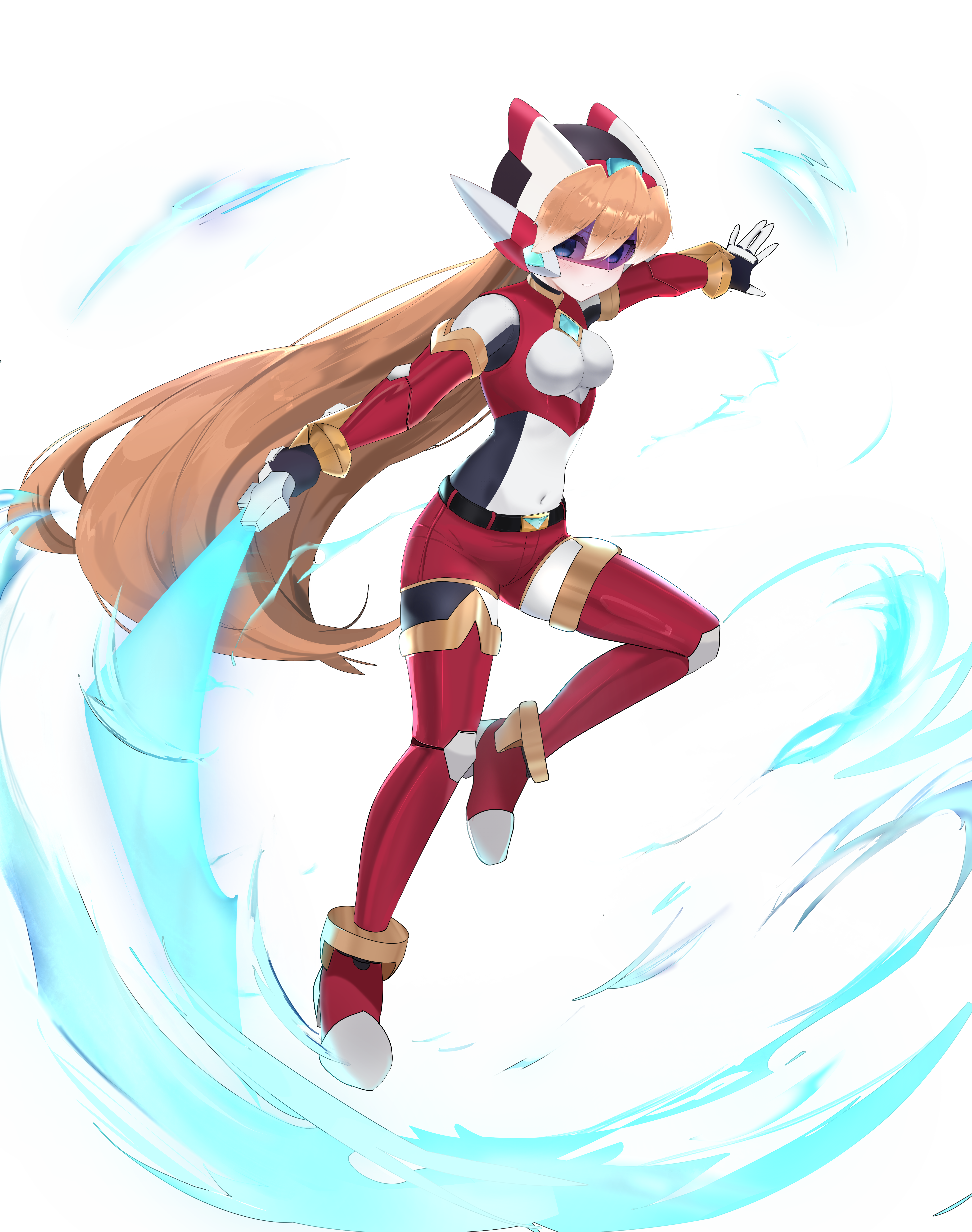 fauron714, ciel (mega man), model z (mega man), mega man (series), mega man zero (series), mega man zx, absurdres, commission, commissioner upload, highres, non-web source, 1girl, alternate costume, alternate hairstyle, arm belt, armor, belt, blonde hair, blue eyes, bodystocking, boots, breasts, chest jewel, covered navel, elbow gloves, electricity, energy sword, fighting stance, full body, gloves, hair down, helmet, holding, holding weapon, incoming attack, knee armor, long hair, looking at viewer, mechanical ears, petite, shorts, simple background, small breasts, solo, sword, thigh belt, thigh boots, thigh strap, transparent background, weapon