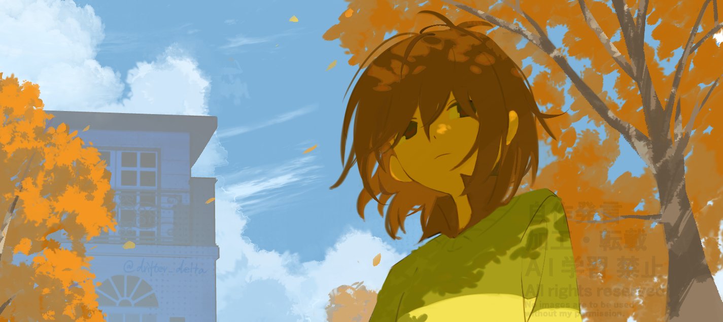 kris (deltarune), deltarune, utdr (toby fox), commentary, english commentary, 1other, antenna hair, arms at sides, blue sky, bob cut, brown hair, building, closed mouth, cloud, collared shirt, colored skin, cumulonimbus cloud, day, drifter delta, empty eyes, falling petals, frown, green sweater, hair between eyes, looking to the side, no pupils, orange petals, orange tree, other focus, outdoors, petals, shirt, short hair, sky, solo, striped clothes, striped sweater, sweater, tree, two-tone sweater, upper body, watermark, yellow skin, yellow sweater