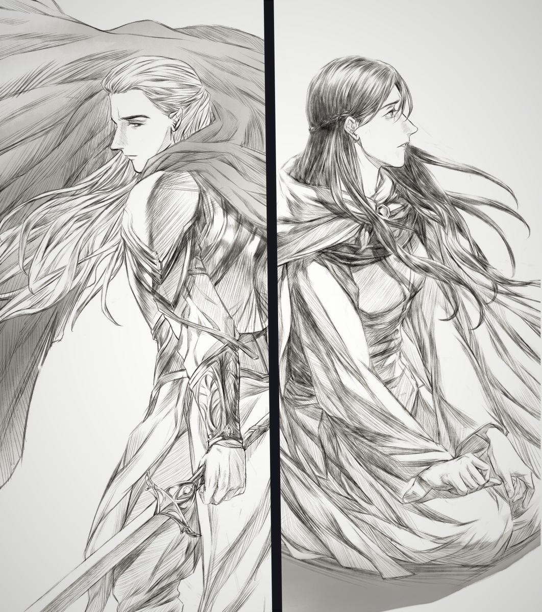 yinque, aegnor, andreth, the silmarillion, tolkien's legendarium, 1boy, 1girl, armor, braid, cape, closed mouth, elf, eyelashes, floating clothes, floating hair, holding, holding sword, holding weapon, kneeling, long hair, monochrome, panels, parted lips, pointy ears, profile, shoulder armor, simple background, sitting, sketch, sword, weapon