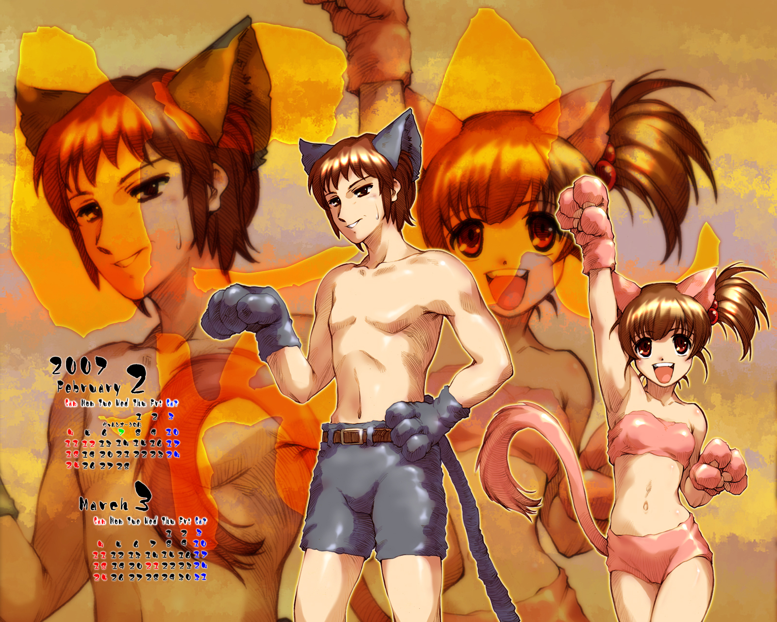 hisahiko, kyon, kyon no imouto, suzumiya haruhi no yuuutsu, highres, 00s, 1boy, 1girl, 2007, animal ears, bikini, boxers, brother and sister, brown eyes, brown hair, calendar, cat ears, february, male underwear, march, ponytail, shorts, siblings, swimsuit, underwear, valalpa, zoom layer
