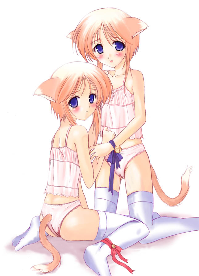 2girls, animal ears, bell, blue eyes, blue ribbon, blush, camisole, cat ears, cat tail, jingle bell, lingerie, loli, multiple girls, panties, pink panties, red hair, red ribbon, ribbon, short hair, siblings, sisters, tail, thighhighs, twins, underwear