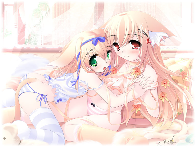 2girls, age difference, animal ears, bed, blue ribbon, blush, brown hair, cat ears, cat tail, green eyes, holding hands, loli, multiple girls, onee-loli, orange ribbon, panties, pillow, red eyes, ribbon, siblings, striped clothes, striped panties, tail, thighhighs, twins, underwear, yuri