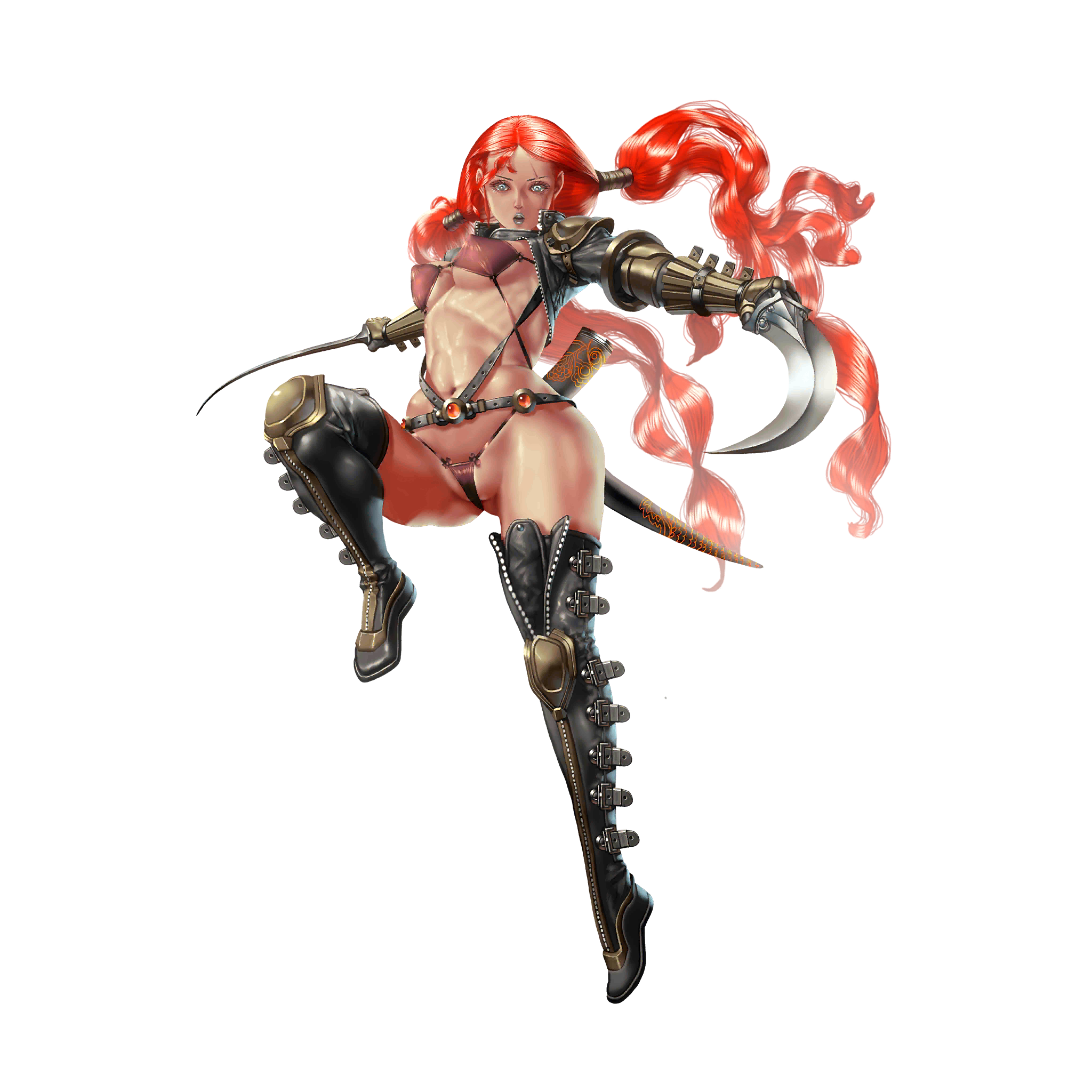 crystal maiden (series), artist request, game cg, highres, official art, variant set, 1girl, abs, armor, blue eyes, bra, breasts, covered erect nipples, dual wielding, full body, grey lips, holding, holding sword, holding weapon, jacket, long hair, looking at viewer, micro panties, nadia (crystal maidens), navel, open clothes, open jacket, panties, pussy, red bra, red hair, red panties, scar, scar on face, sheath, shoulder armor, solo, standing, standing on one leg, sword, transparent background, underwear, very long hair, weapon