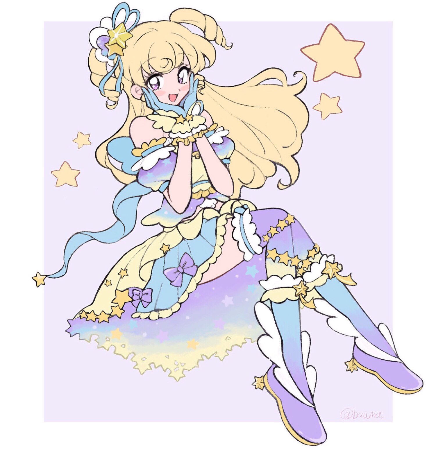 yumekawa yui, idol time pripara, pretty series, pripara, commentary, highres, 1girl, :d, bare shoulders, blonde hair, blue boots, blue gloves, blue ribbon, blue shirt, blue skirt, blue thighhighs, blush stickers, boots, border, curly sidelocks, drill hair, frilled skirt, frills, full body, gloves, gradient boots, gradient clothes, gradient shirt, gradient skirt, gradient thighhighs, hair ornament, hair ribbon, hands on own cheeks, hands on own face, hands up, idol, idol clothes, invisible chair, long hair, midriff peek, multicolored boots, multicolored shirt, multicolored skirt, multicolored thighhighs, open mouth, outside border, puffy short sleeves, puffy sleeves, purple background, purple boots, purple eyes, purple shirt, purple skirt, purple thighhighs, ribbon, shirt, short sleeves, simple background, sitting, skirt, smile, solo, star (symbol), star hair ornament, star in eye, symbol in eye, thighhighs, twitter username, two-tone boots, two side up, uma (bauma05), wavy hair, white border, yellow shirt, yellow skirt, yellow thighhighs, zettai ryouiki