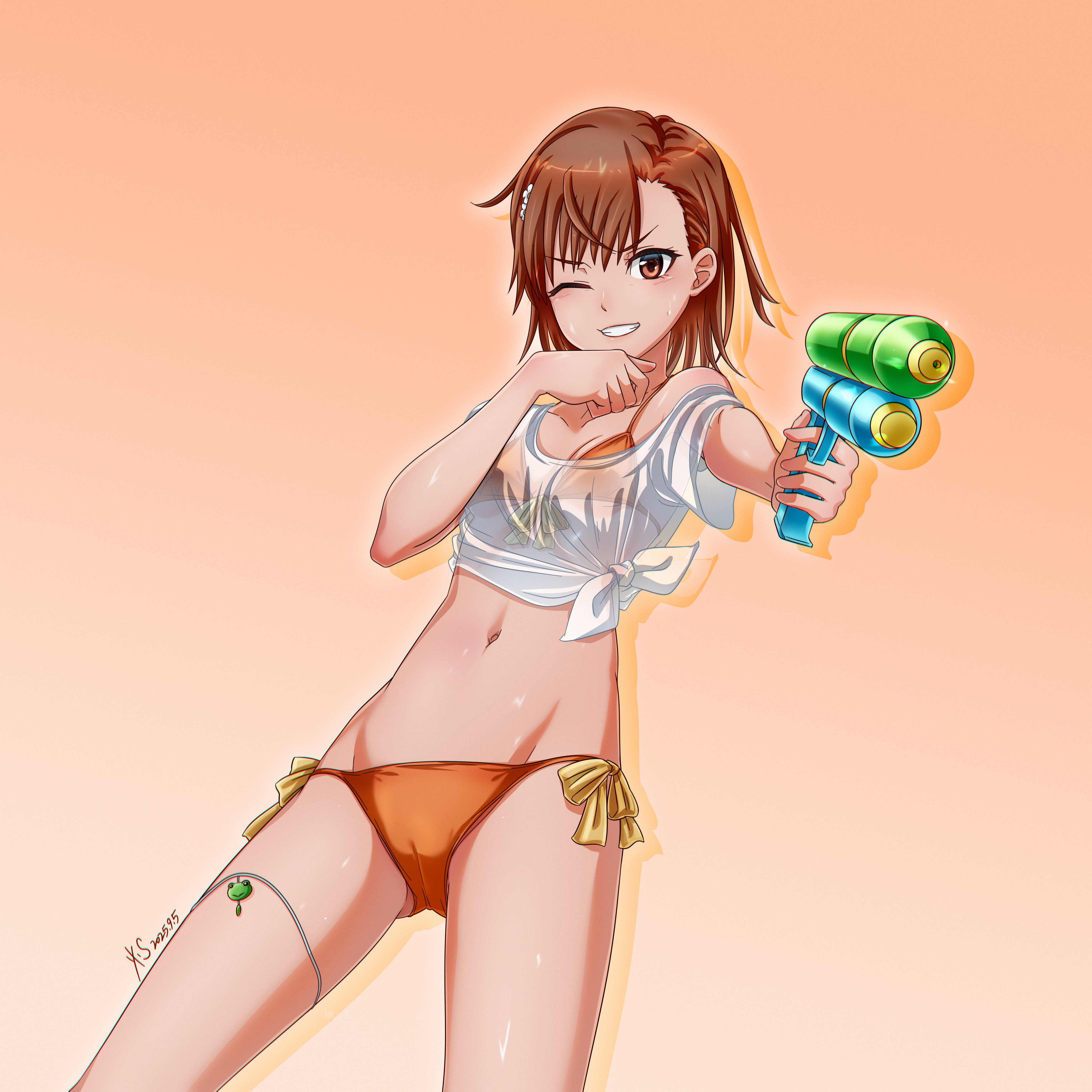 djt (user wrzg5248), gekota, misaka mikoto, toaru kagaku no railgun, toaru majutsu no index, absurdres, highres, 1girl, ;), asymmetrical bangs, bikini, breasts, brown eyes, brown hair, cameltoe, dated commentary, hair ornament, hairpin, holding, holding water gun, navel, one eye closed, orange bikini, shirt, short hair, side-tie bikini bottom, simple background, small breasts, smile, solo, swimsuit, tied shirt, water gun, white shirt, wiping face