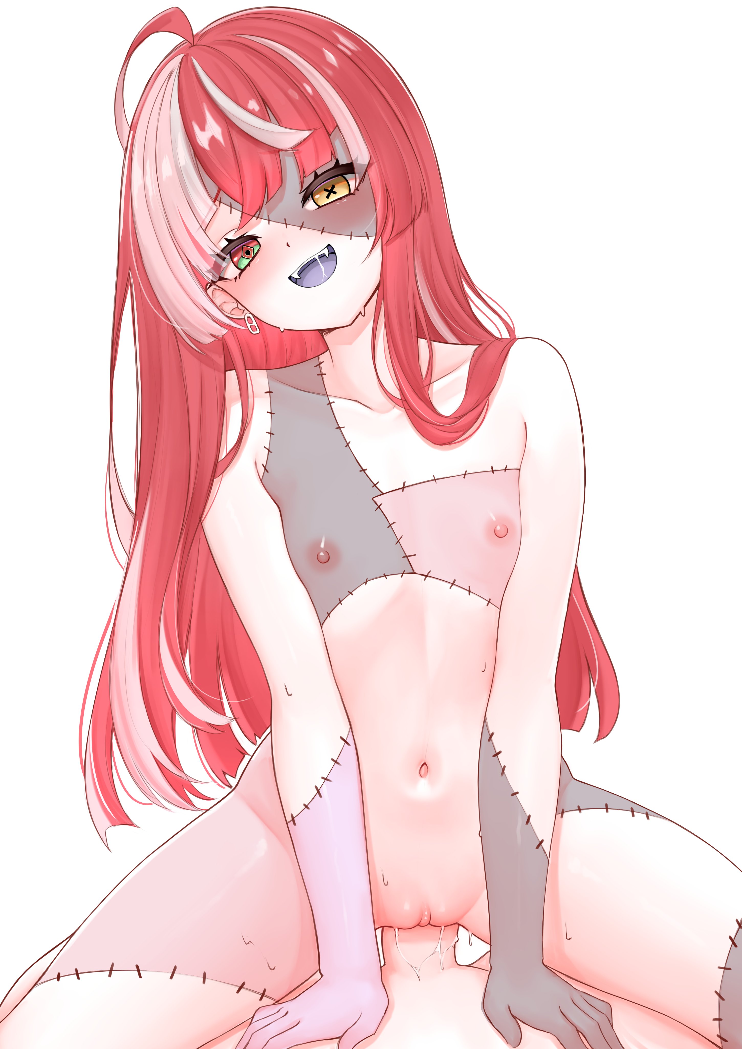 honon, kureiji ollie, hololive, hololive indonesia, absurdres, highres, 1boy, 1girl, ahoge, blunt ends, colored skin, cowgirl position, diamond-shaped pupils, diamond (shape), flat chest, girl on top, green eyes, grey hair, grey skin, hair down, hetero, heterochromia, long hair, looking at viewer, mismatched pupils, multicolored hair, navel, nipples, open mouth, patchwork skin, penis, pink hair, pov, pov crotch, red eyes, red hair, sex, simple background, solo focus, stitched arm, stitched face, stitched leg, stitched torso, stitches, straddling, symbol-shaped pupils, uncensored, vaginal, virtual youtuber, white background, white hair, x-shaped pupils, yellow eyes, zombie