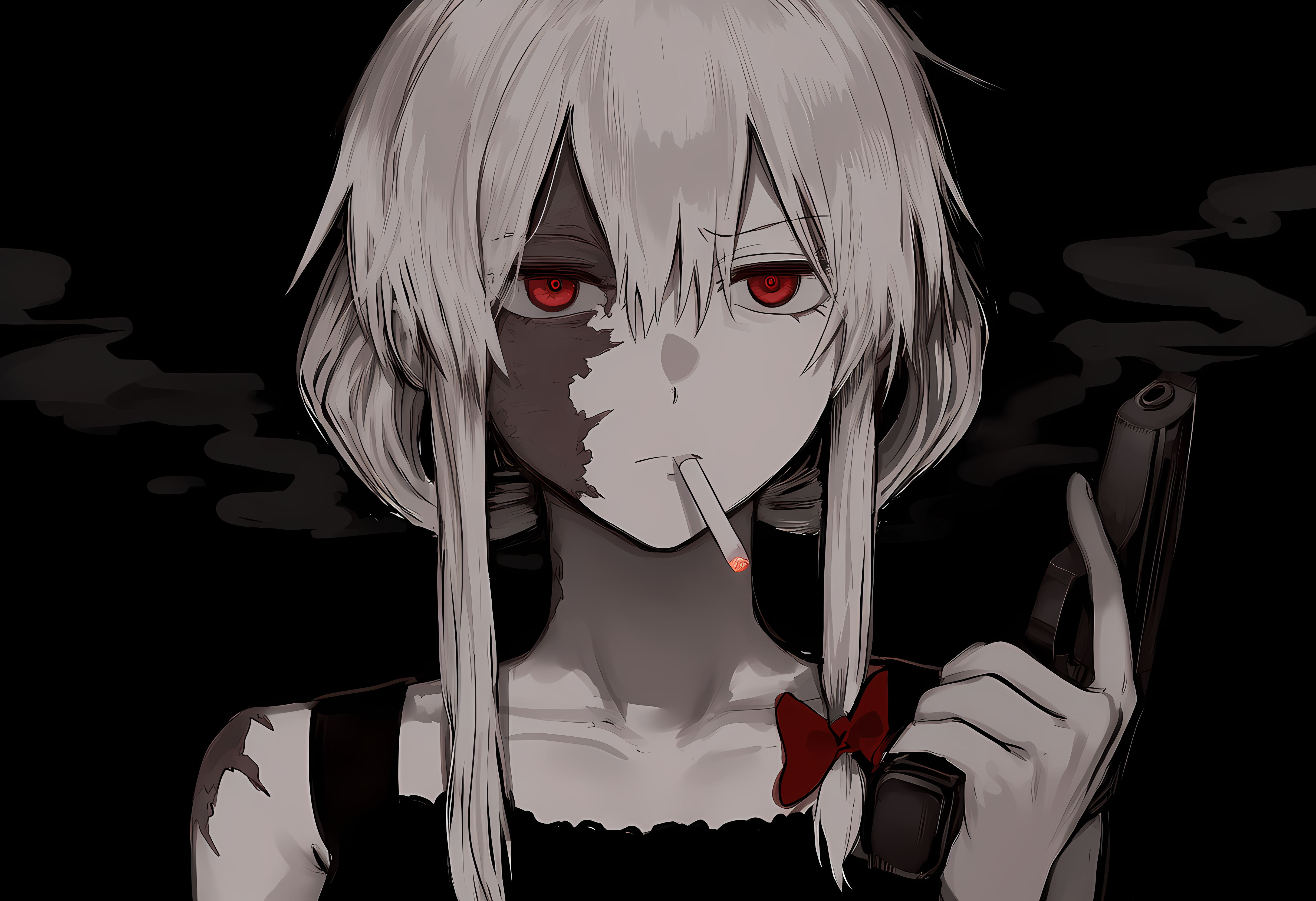 yakumo yukari, touhou, absurdres, highres, 1girl, alternate costume, black background, bow, burn scar, charisma scaret, cigarette, collarbone, glowing pupils, grey hair, gun, hair between eyes, hair up, hand up, handgun, holding, holding gun, holding weapon, long sidelocks, looking at viewer, mouth hold, pale color, raised eyebrow, red bow, red eyes, red pupils, scar, scar on arm, scar on face, scar on neck, scowl, sidelocks, simple background, smoke, solo, upper body, weapon