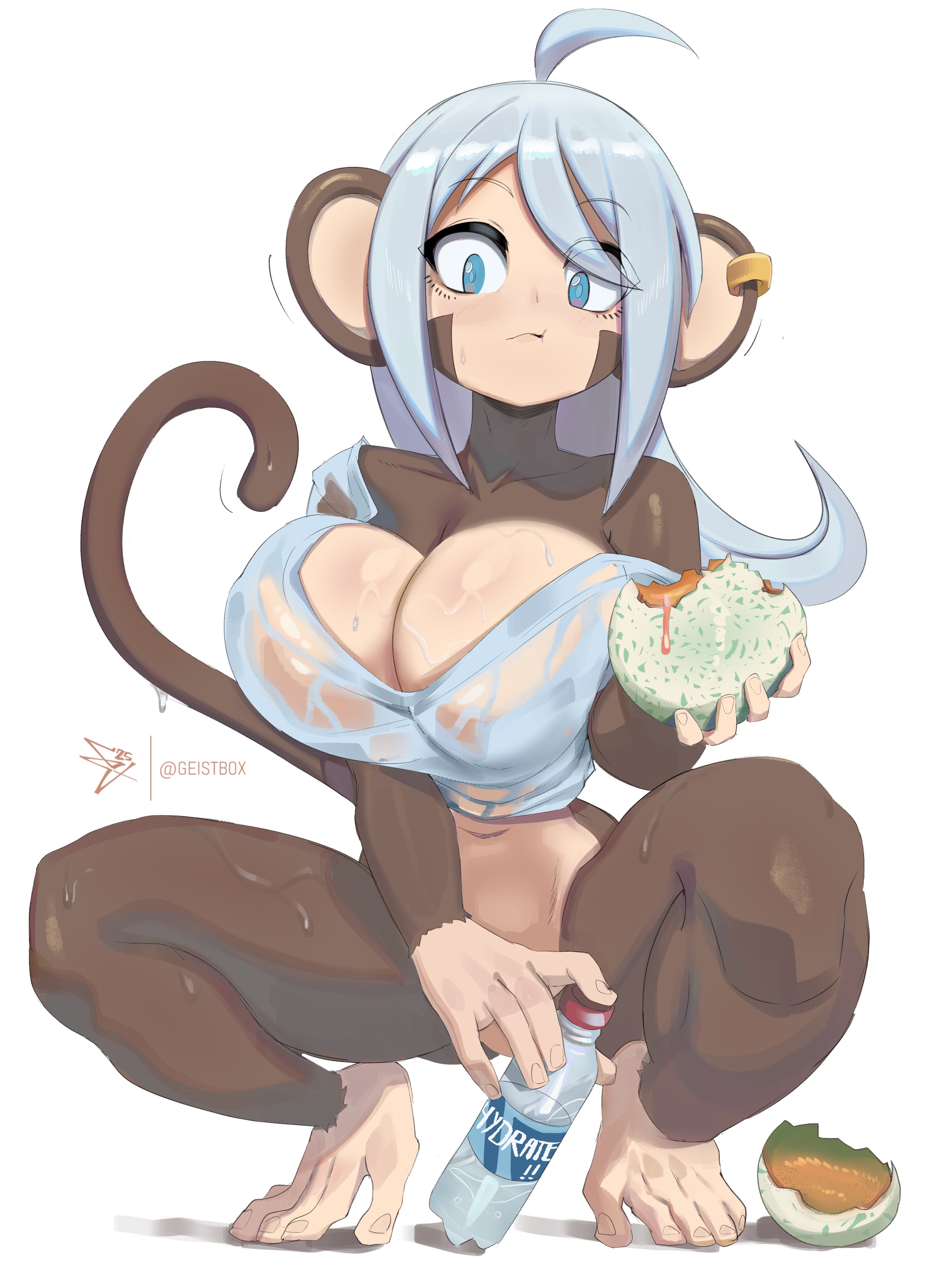 geistbox, original, absurdres, highres, 1girl, ahoge, animal ears, artist name, blue eyes, blue hair, bottle, breasts, cantaloupe, closed mouth, ear piercing, eating, food, fruit, holding, holding food, large breasts, long hair, luna (geistbox), melon, monkey, monkey ears, monkey girl, monkey tail, navel, piercing, simple background, solo, squatting, tail, water bottle, white background