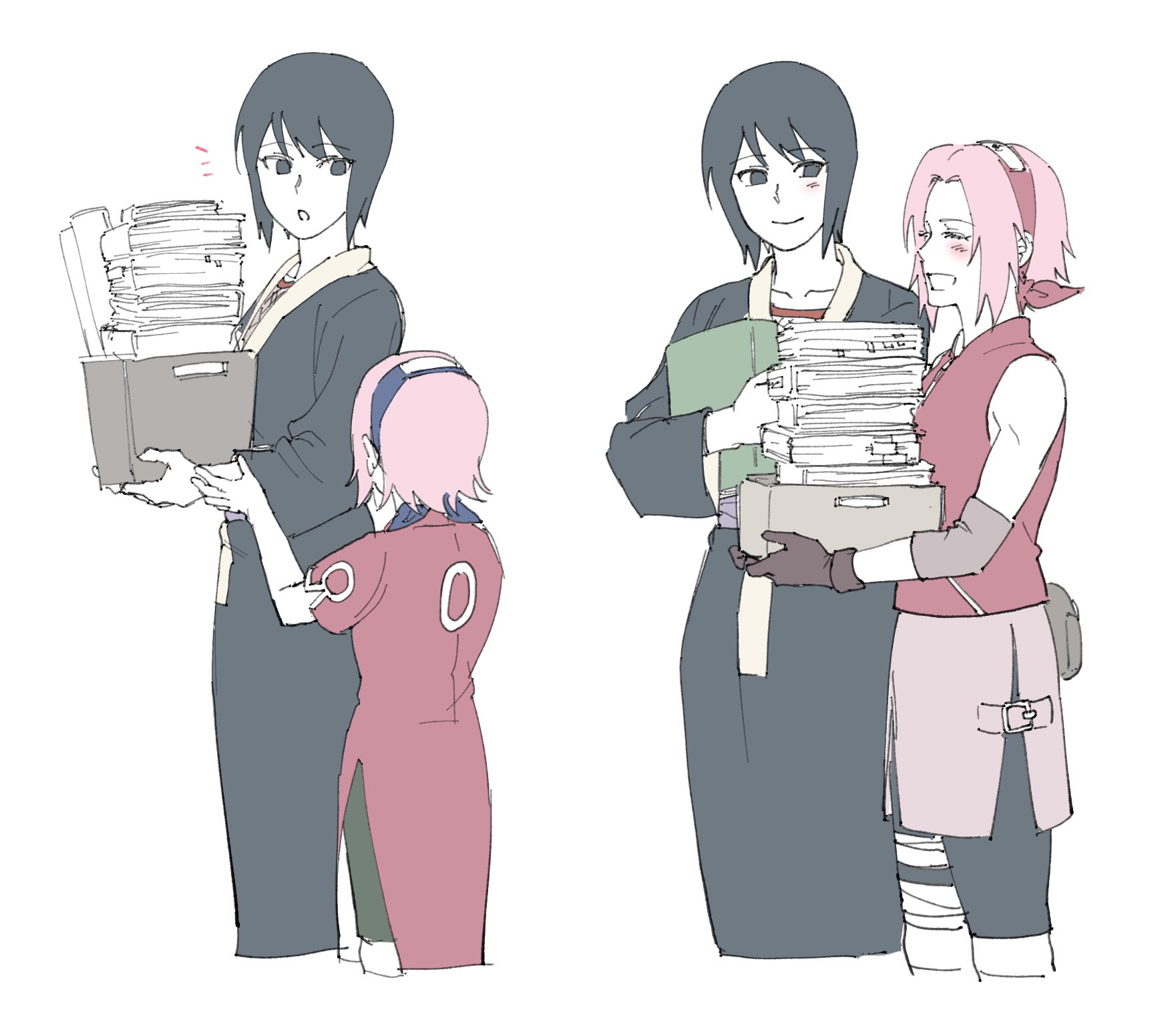 may c, haruno sakura, shizune (naruto), naruto (classic), naruto (series), naruto shippuuden, commentary, highres, symbol-only commentary, 2girls, age comparison, bike shorts under skirt, black eyes, black hair, blue hairband, book, brown gloves, dress, dual persona, forehead protector, gloves, hairband, holding, holding book, holding paper, japanese clothes, multiple girls, paper, pink hair, pink hairband, pink skirt, pouch, shorts under dress, skirt