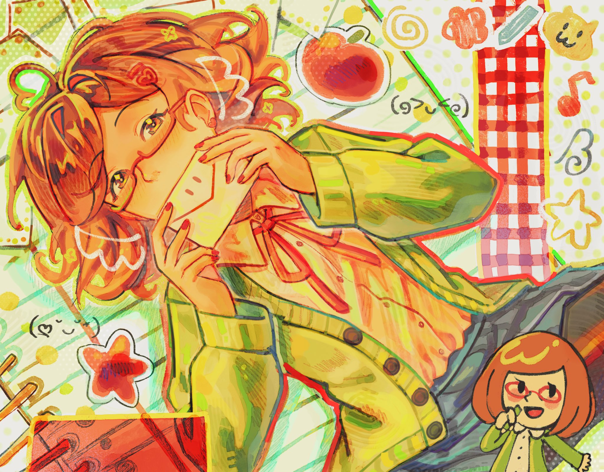 revercemii, mii (nintendo), nikki (swapnote), nintendo, swapnote, highres, 1girl, ahoge, apple, beamed eighth notes, black pantyhose, blue skirt, blush, blush stickers, bow, brown-framed eyewear, brown eyes, brown hair, buttons, cardigan, charm (object), checkered clothes, chibi, chibi inset, collared shirt, colored text, covered mouth, covering own mouth, dress shirt, envelope, eyelashes, fingernails, food, fruit, glasses, green cardigan, green jacket, green shirt, hair ornament, hairclip, hand over own mouth, hands up, heart, heart hair ornament, holding, holding envelope, humanization, jacket, letter, long sleeves, looking at viewer, love letter, lying, medium hair, microphone, miniskirt, musical note, nail polish, neck ribbon, notebook, on back, open cardigan, open clothes, open jacket, open mouth, pantyhose, pen, pencil, pink-framed eyewear, plaid clothes, plaid skirt, pleated skirt, polka dot, rectangular eyewear, red-framed eyewear, red nails, red ribbon, ribbon, scarf, school uniform, semi-rimless eyewear, shirt, shirt tucked in, short hair, skirt, smile, solo, star (symbol), sticker, swept bangs, treble clef, triangle, under-rim eyewear, white shirt, yellow cardigan, yellow shirt