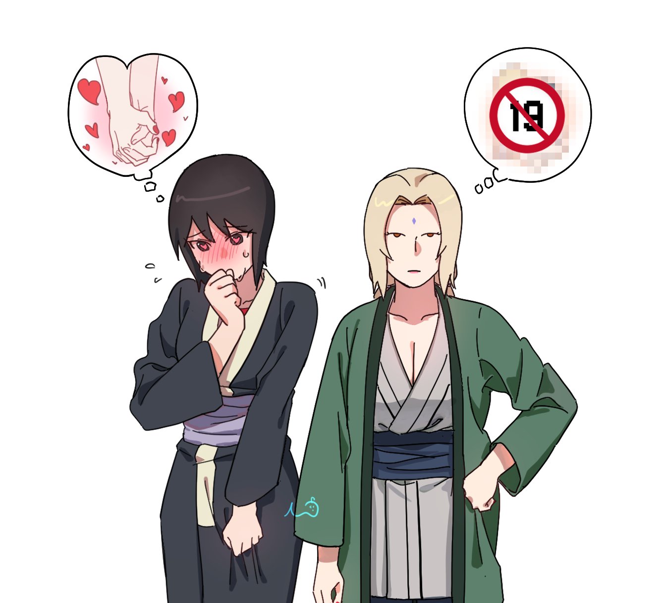 may c, shizune (naruto), tsunade (naruto), naruto (series), commentary request, highres, korean commentary, 2girls, another ship dynamic i enjoy (meme), black hair, blonde hair, blush, breasts, censored, cleavage, facial mark, forehead mark, frown, hand on own hip, haori, heart, heart-shaped pupils, holding hands, holding hands is lewd, japanese clothes, large breasts, meme, mosaic censoring, multiple girls, red eyes, red nails, speech bubble, sweat, symbol-shaped pupils, thought bubble, unamused