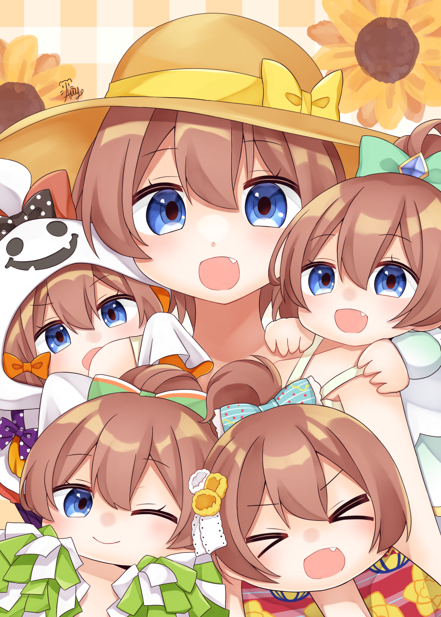 u amy1207, hinata chinatsu, ongeki, highres, > <, + +, 1girl, :3, :d, bare shoulders, blue dress, blue eyes, blush, blush stickers, bow, brown hair, checkered background, chibi, closed eyes, closed mouth, dress, fang, flower, green bow, hair between eyes, hair bow, hat, long hair, long sleeves, multiple views, one eye closed, open mouth, sleeveless, sleeveless dress, smile, star (symbol), v-shaped eyebrows, xd
