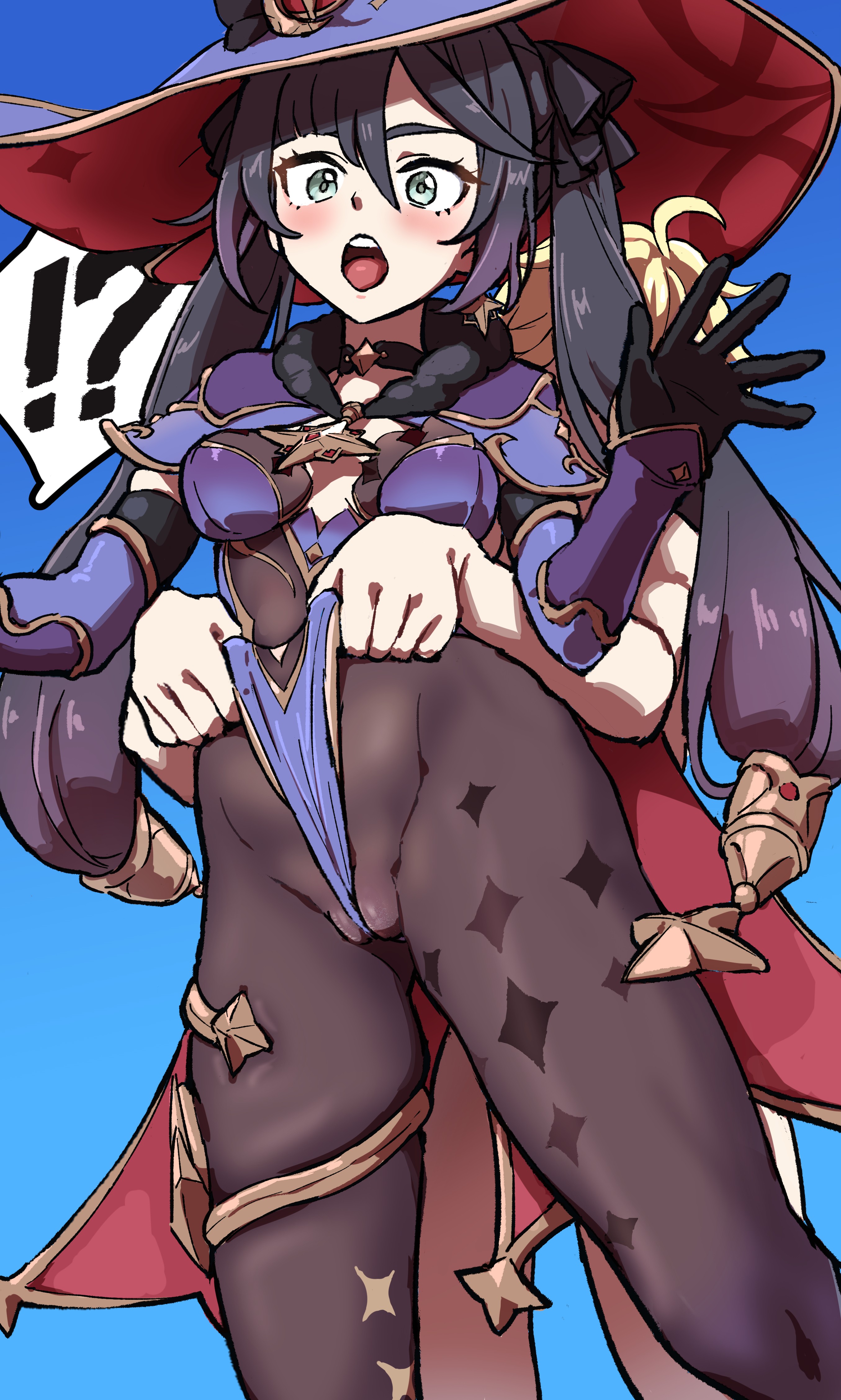 ry (mmm st bbb2), aether (genshin impact), mona (genshin impact), genshin impact, absurdres, commentary, highres, !?, 1boy, 1girl, asymmetrical bangs, between labia, black gloves, black hair, black pantyhose, blonde hair, blue background, blue leotard, blue sleeves, breasts, detached sleeves, elbow gloves, frontal wedgie, giving wedgie, gloves, green eyes, hat, hetero, jewelry, leotard, long hair, medium breasts, open mouth, pantyhose, partially visible vulva, surprised, thighlet, twintails, wedgie, witch hat