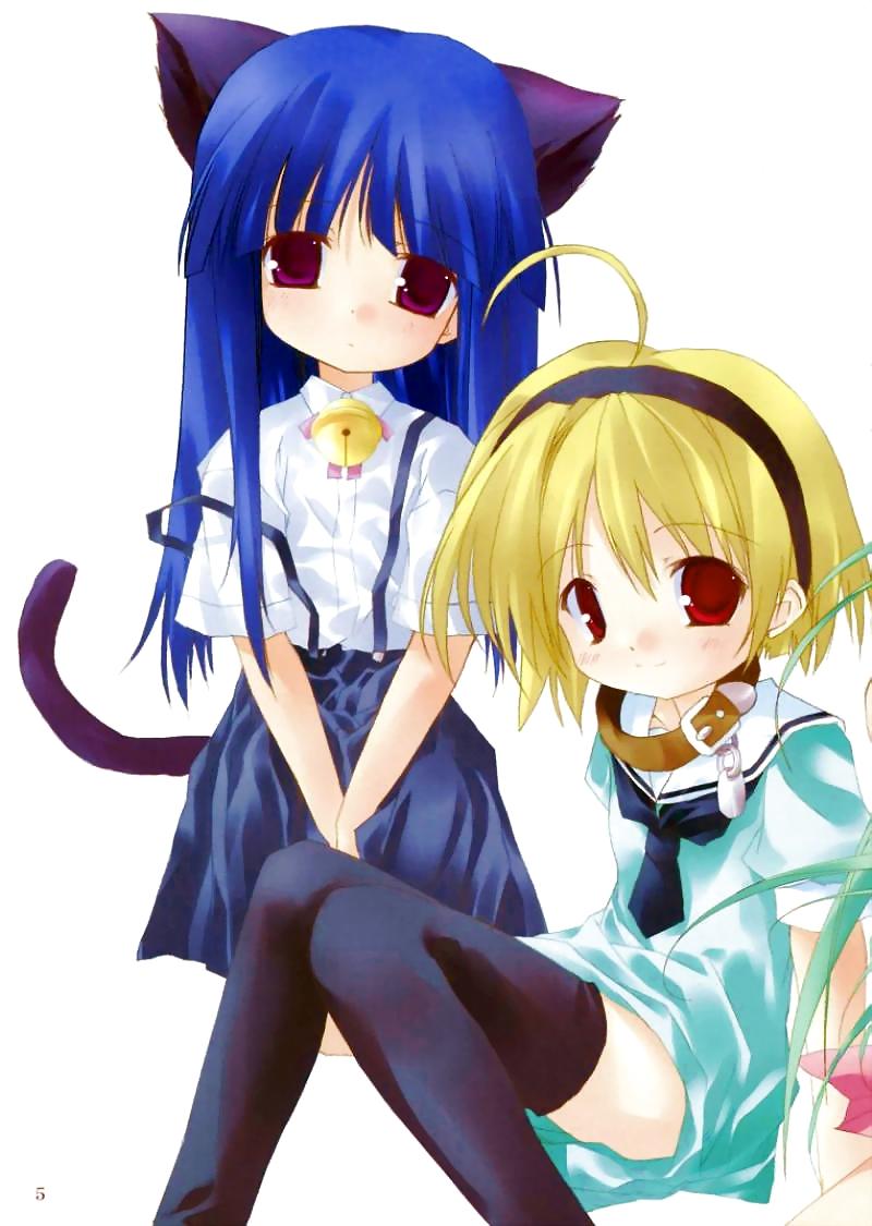 furude rika, houjou satoko, higurashi no naku koro ni, 00s, 2girls, ahoge, animal ears, bell, blonde hair, blue hair, bow, cat ears, cat tail, collar, dress, hairband, hime cut, long hair, multiple girls, necktie, purple eyes, red eyes, school uniform, serafuku, short hair, skirt, suspenders, tail, thighhighs