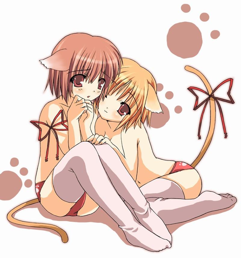 artist request, copyright request, duplicate, 2girls, :3, animal ears, blonde hair, blush, brown hair, cat ears, cat girl, cat tail, multiple girls, navel, no bra, one eye closed, open mouth, panties, paw print, print panties, red eyes, red hair, red panties, ribbon, short hair, shoulder ribbon, side-tie panties, sitting, tail, tail ornament, tail ribbon, thighhighs, topless female, underwear, white background, white thighhighs, wink, yuri
