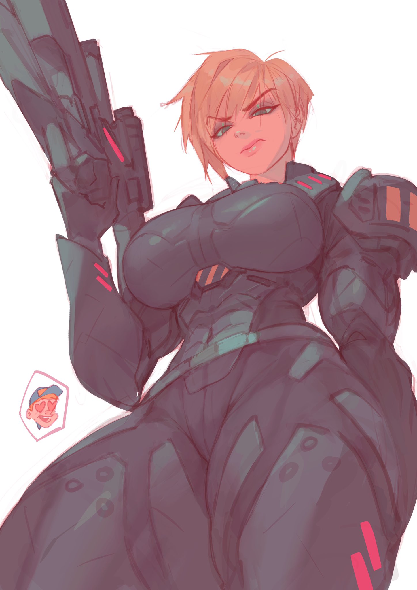 rebigaki, fix-it felix jr, tamora jean calhoun, wreck-it ralph, commentary, english commentary, highres, 1girl, black bodysuit, blonde hair, bodysuit, breasts, closed mouth, gun, heart, heart-shaped eyes, holding, holding gun, holding weapon, large breasts, looking down, serious, short hair, simple background, weapon, white background