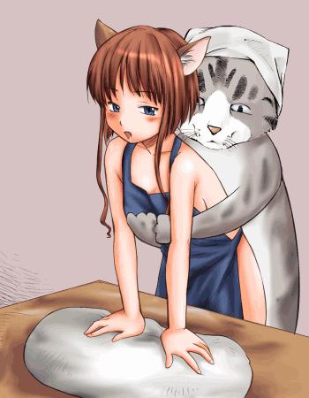 kneading, lowres, 1girl, animal ears, apron, bed, bent over, bestiality, blue dress, blue eyes, blush, brown hair, cat, cat ears, dough, dress, naked apron, sex, vaginal